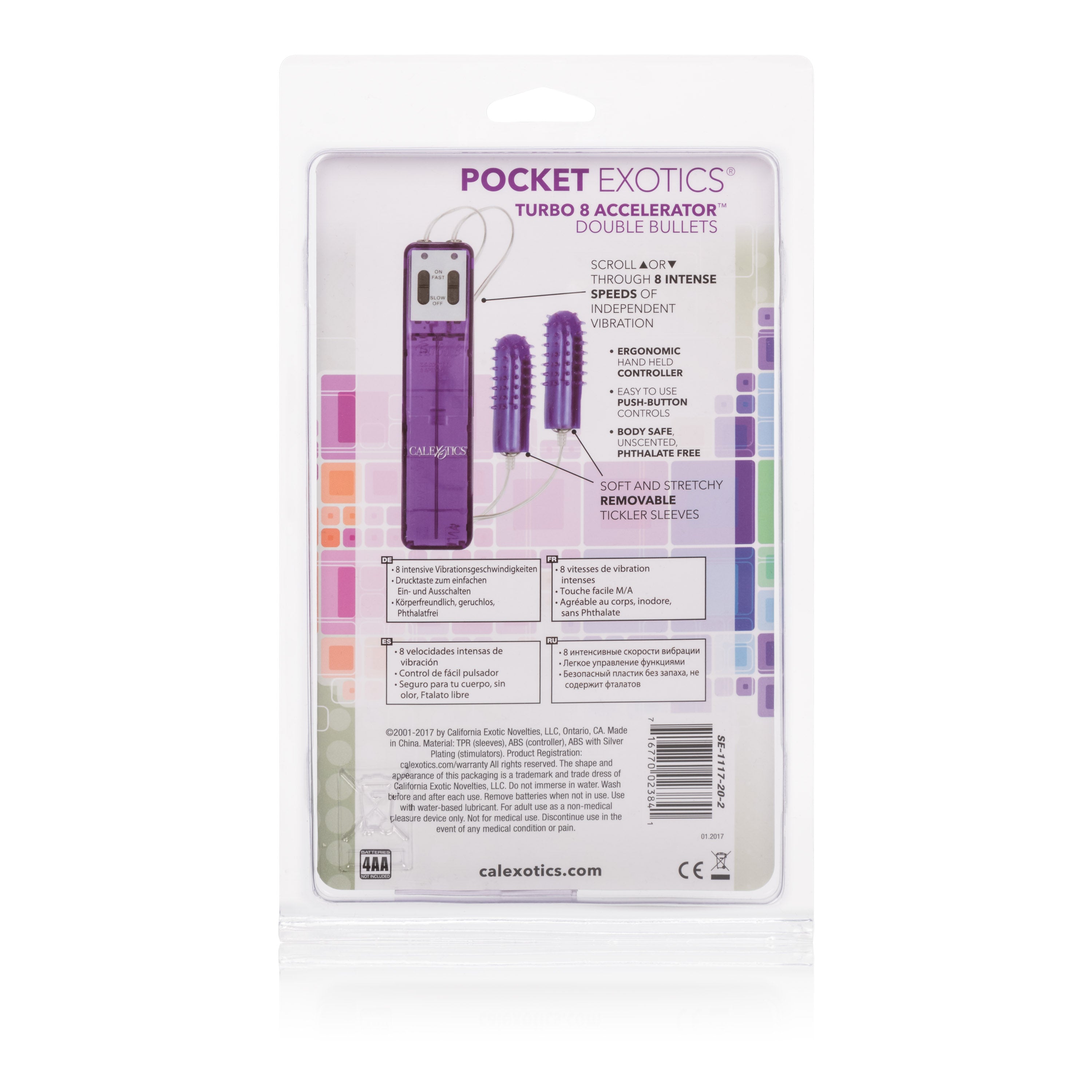 Pocket Exotics Turbo 8 Accelerator Double Bullet Purple packaging showing product features and specifications.