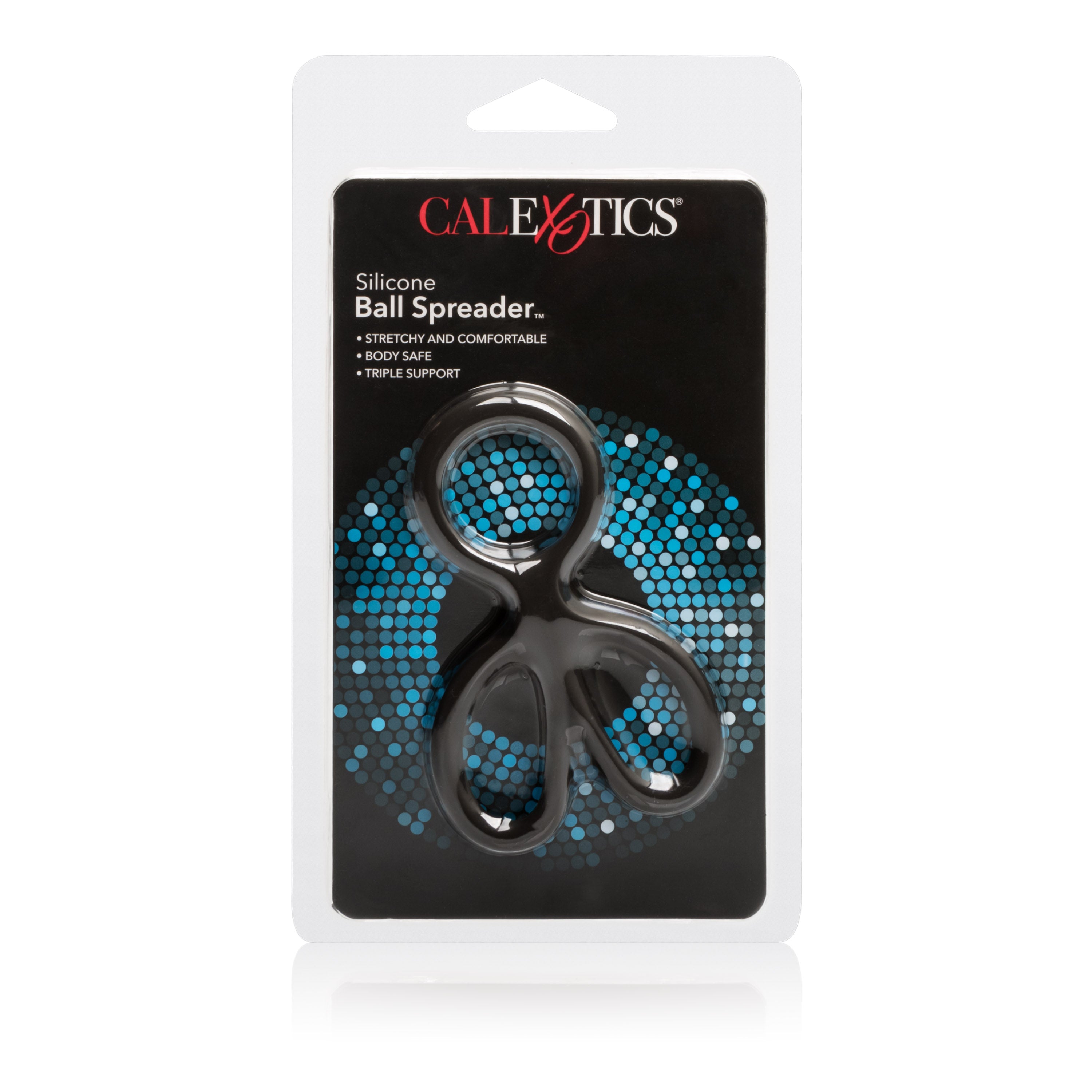 Silicone Ball Spreader Cock Ring Black packaging featuring a multi-ring design for comfort and support.