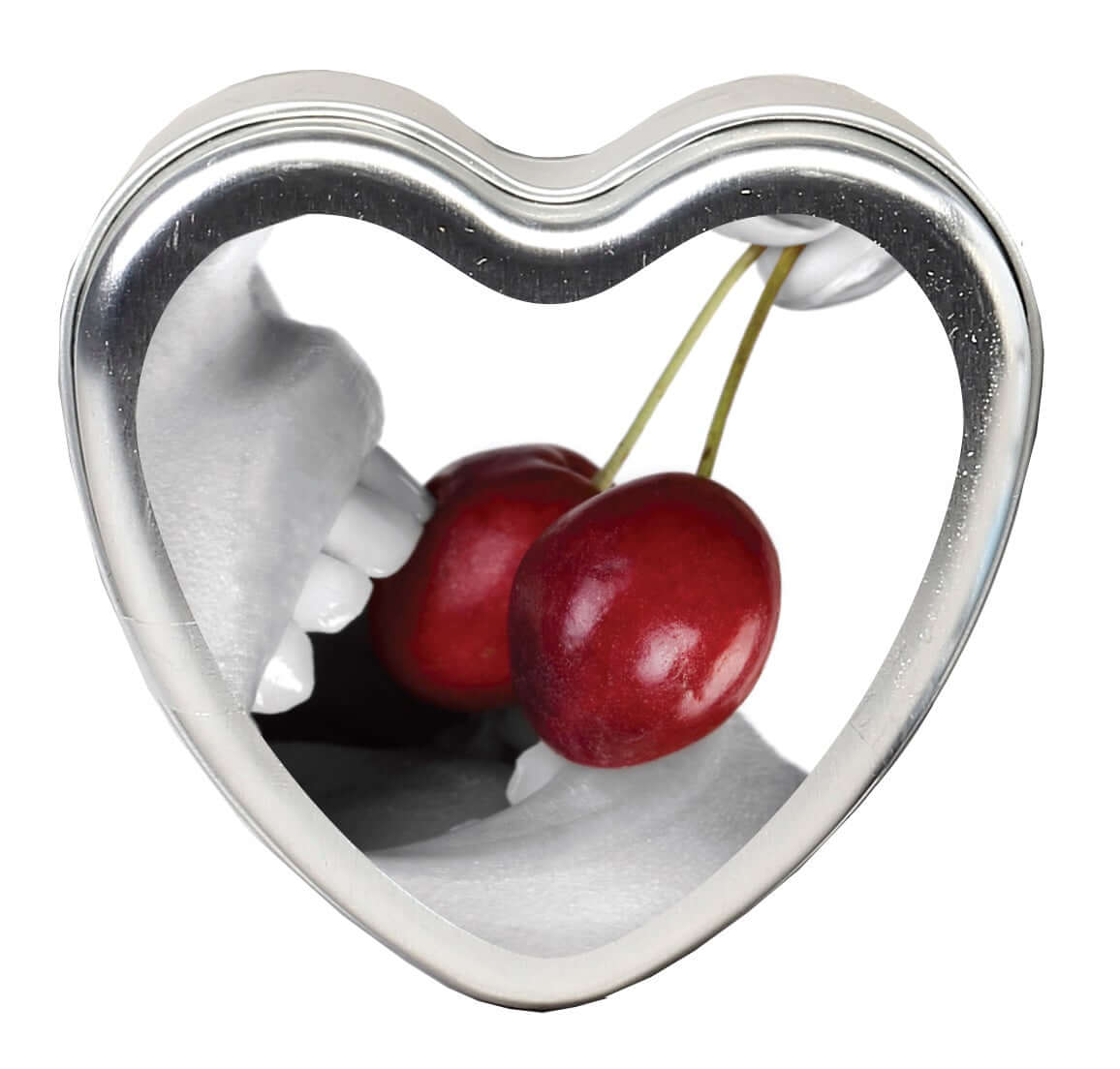 Edible heart candle in a silver tin with cherries, showcasing fun and skincare benefits in a unique design.