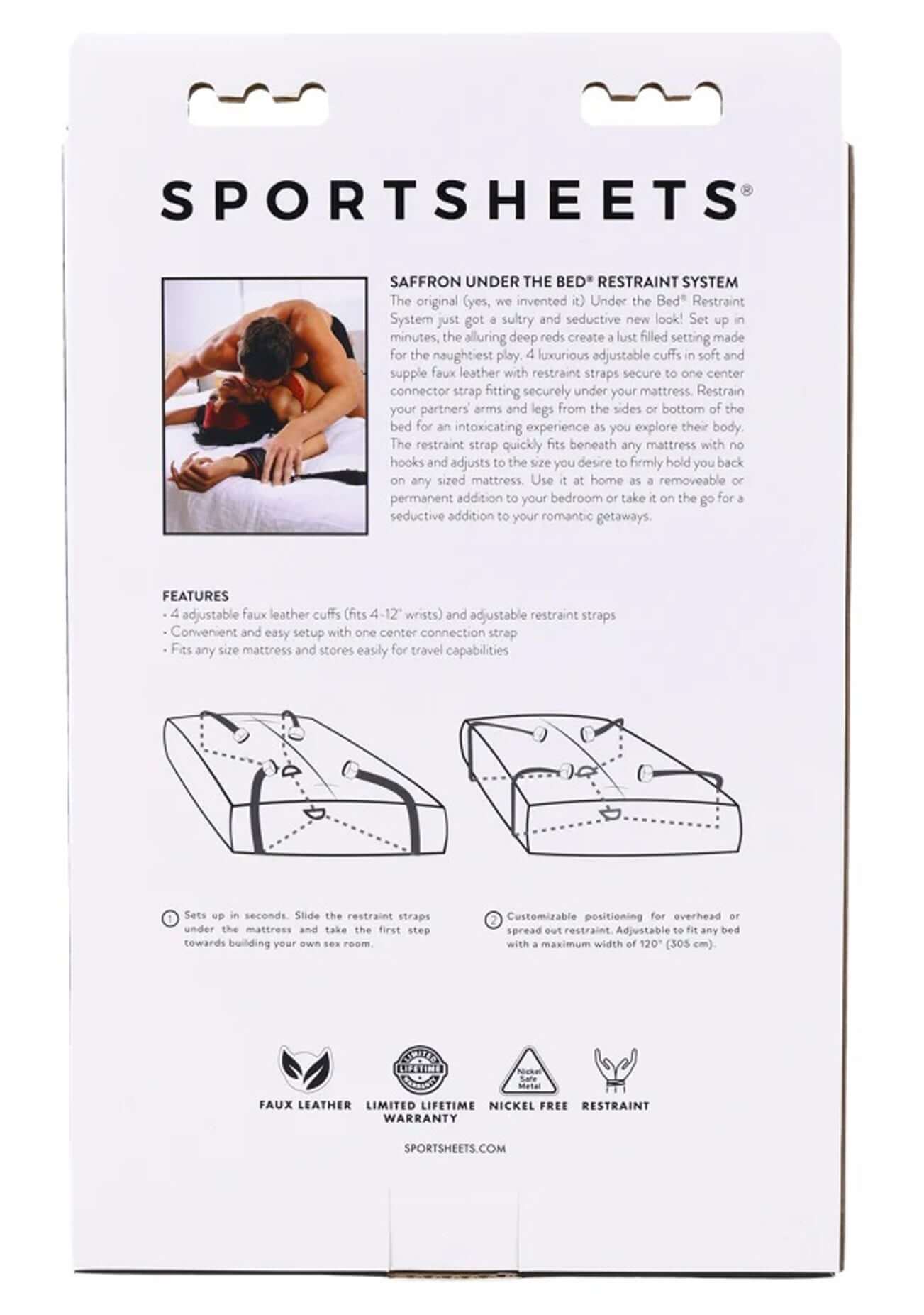 Sportsheets Saffron Under the Bed Restraint System box showcasing features and instructions for usage.