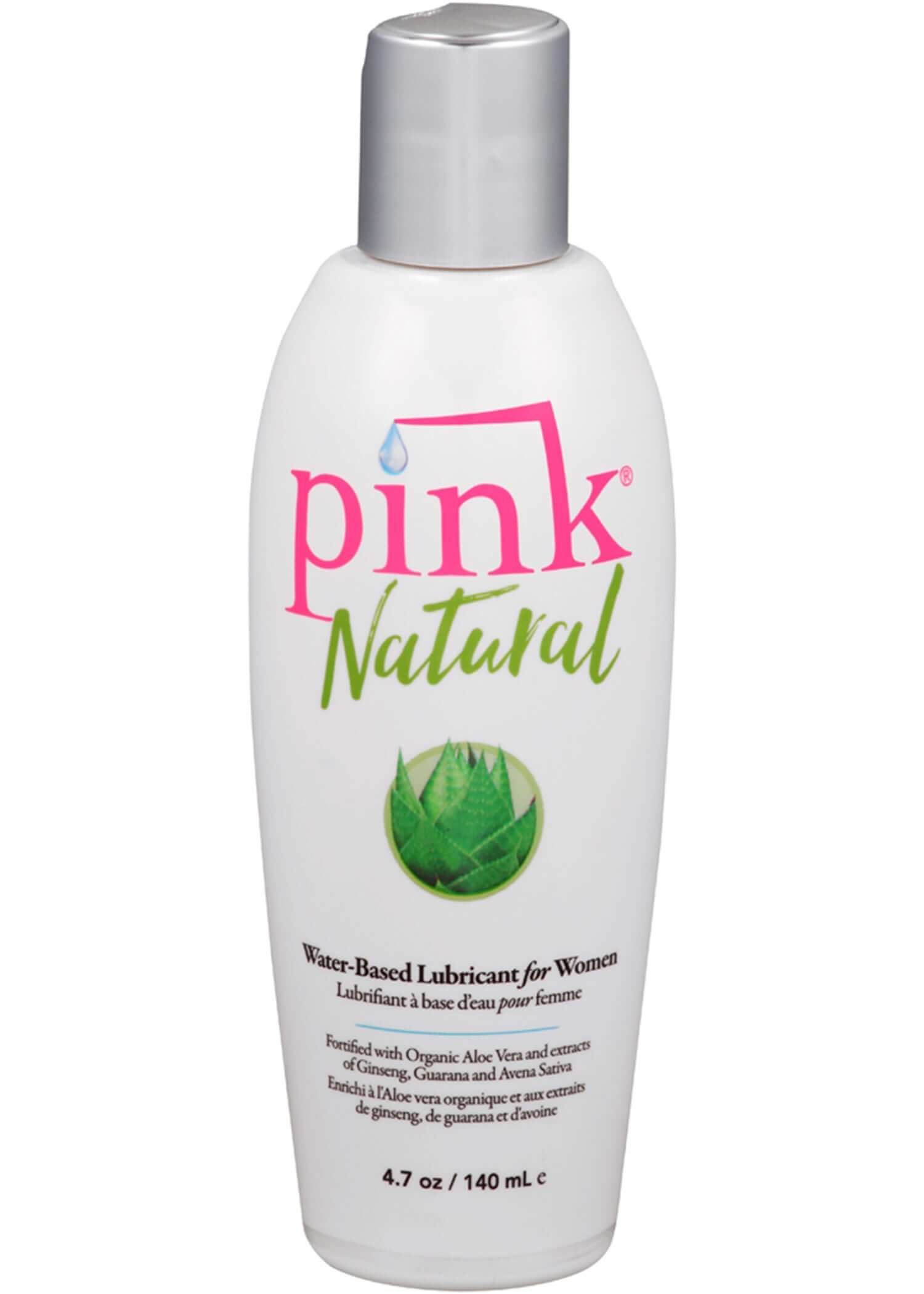 Pink Natural Water-based Lubricant for Women 4.7 Oz bottle with natural aloe and clean ingredients.