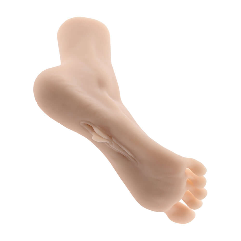 Realistic foot-shaped stroker for foot fetish, made from phthalate and latex-free TPE, with smooth toes and curved arch for ultimate pleasure.