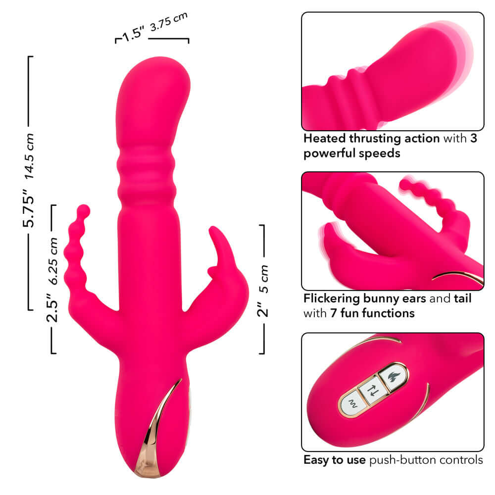 Jack Rabbit Signature Heated Silicone Triple Fantasy Rabbit in pink with thrusting and flickering features, dimensions, and controls.