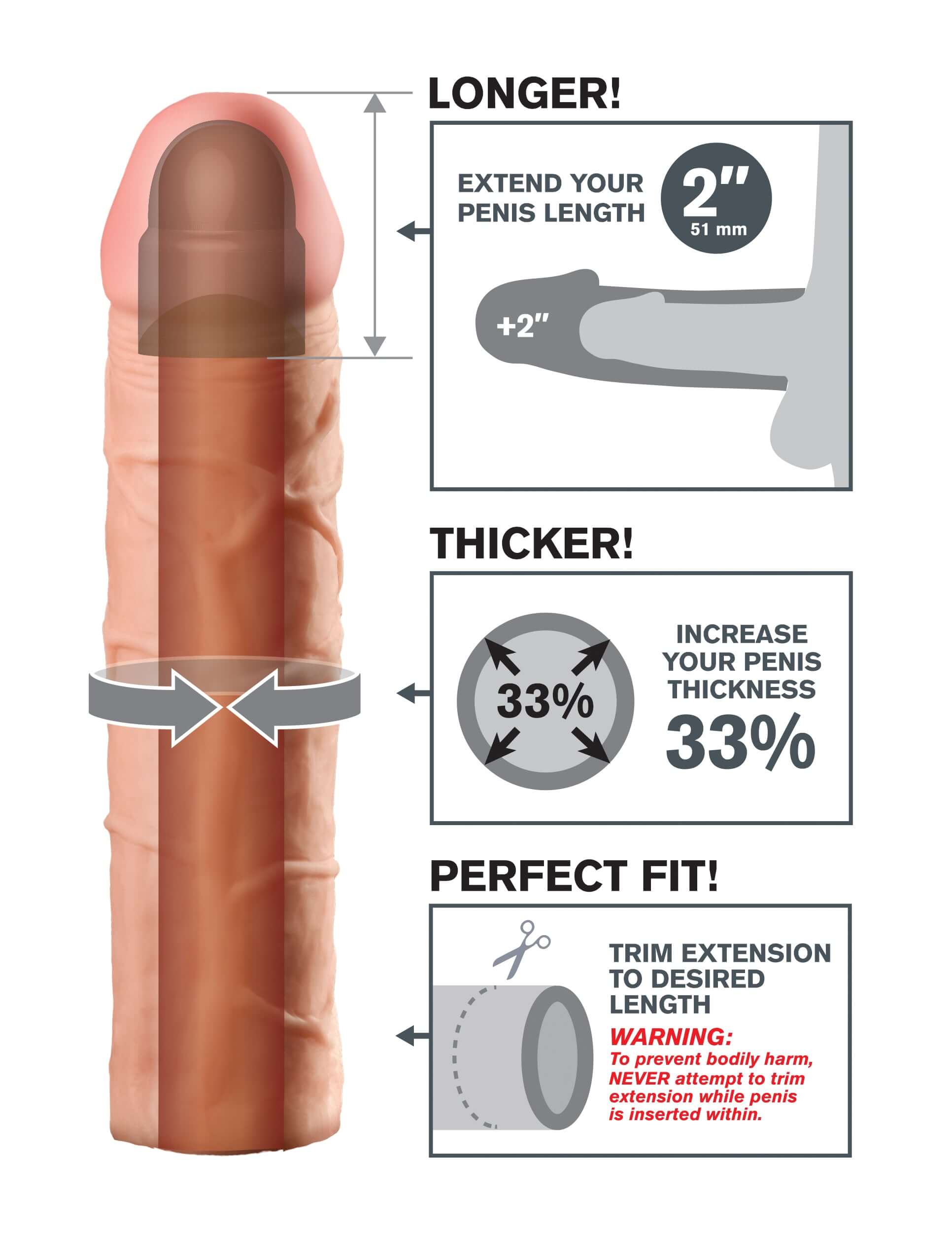 Illustration showing features of Fantasy X-Tension Perfect 2-Inch Extension for increased length and thickness.