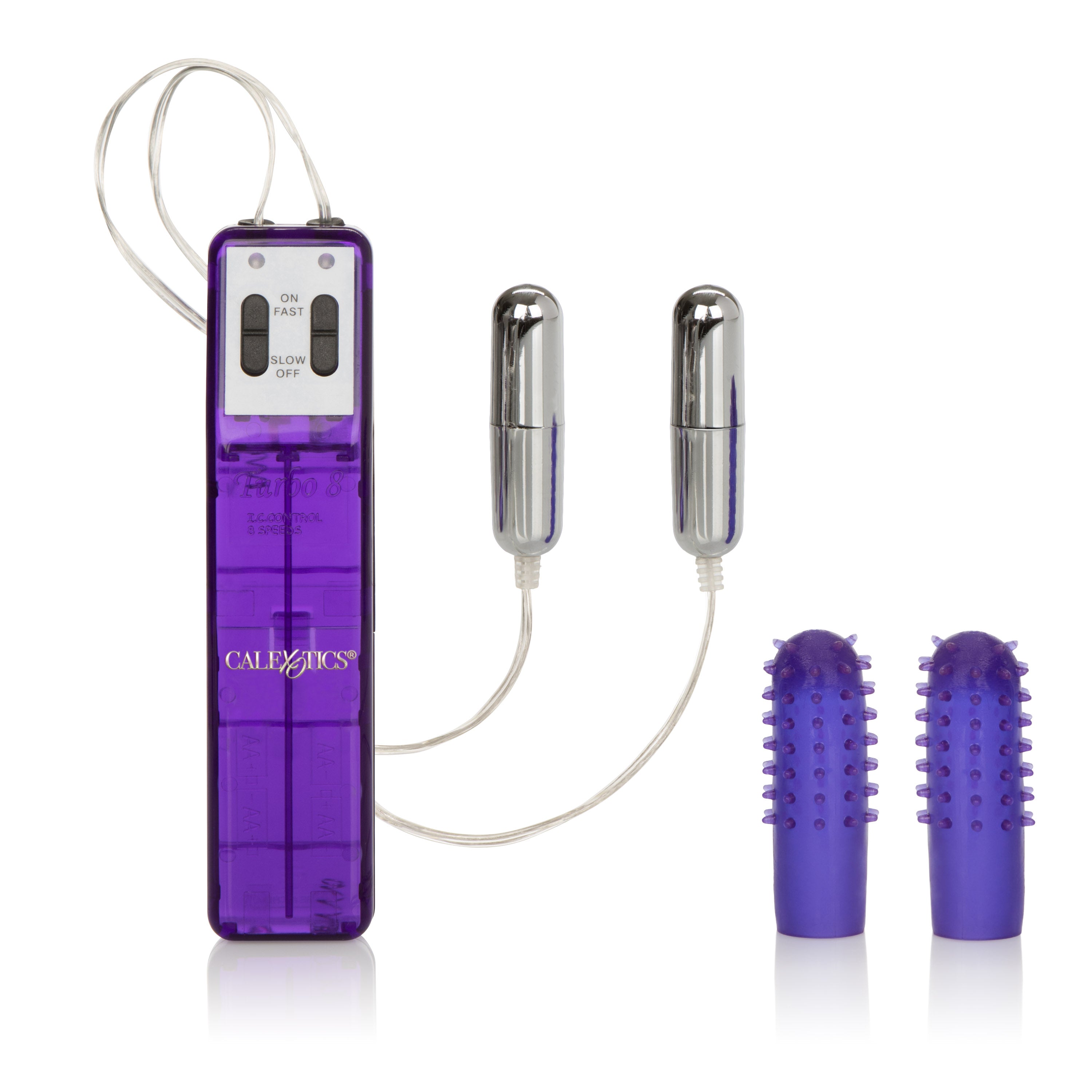Pocket Exotics Turbo 8 Accelerator Double Bullet Purple with dual vibrators and controller.