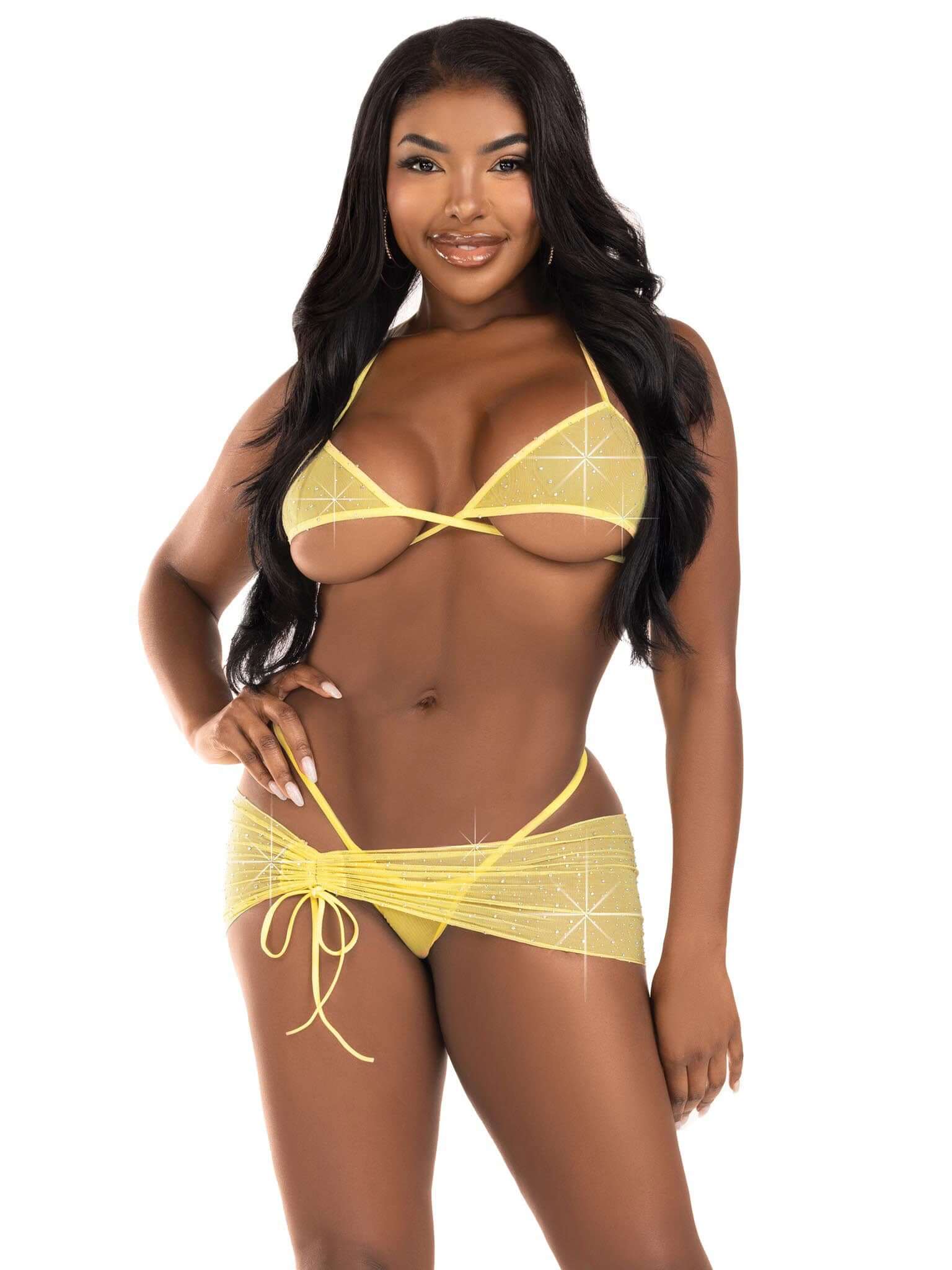 Woman wearing baby yellow rhinestone mesh lingerie set with bra top, g-string panties, and ruched tie sarong by Leg Avenue