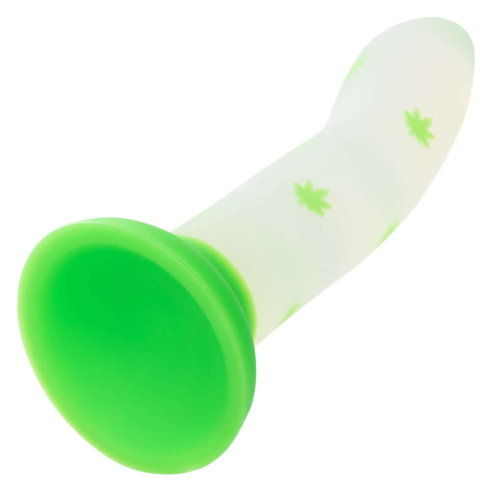 Glow Stick Leaf Dildo in green with glow-in-the-dark leaf pattern, made of ultra-soft Satin Finish Silicone.