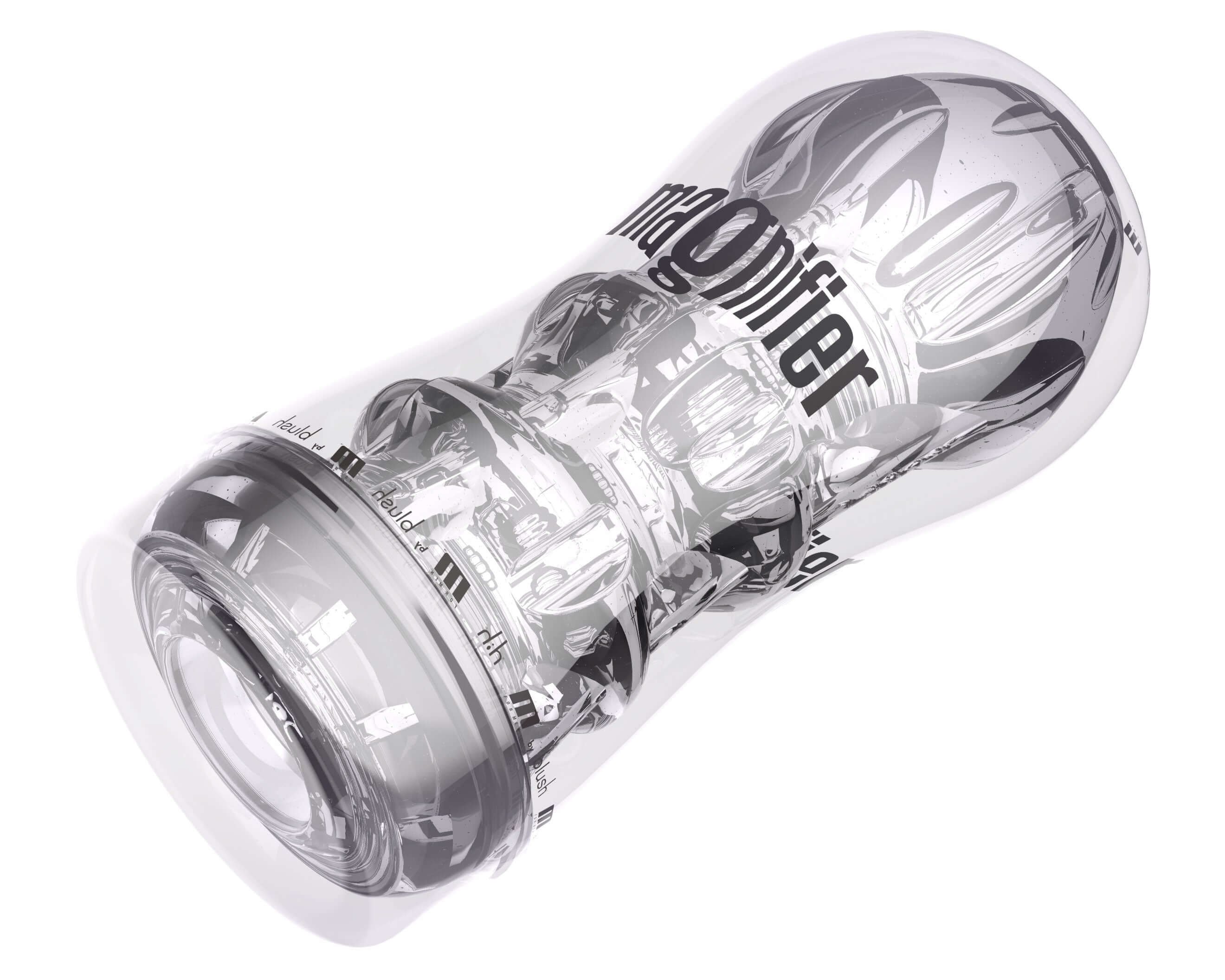 Clear M for Men Magnifier pocket stroker with unique textures and self-lubricating features for enhanced pleasure.