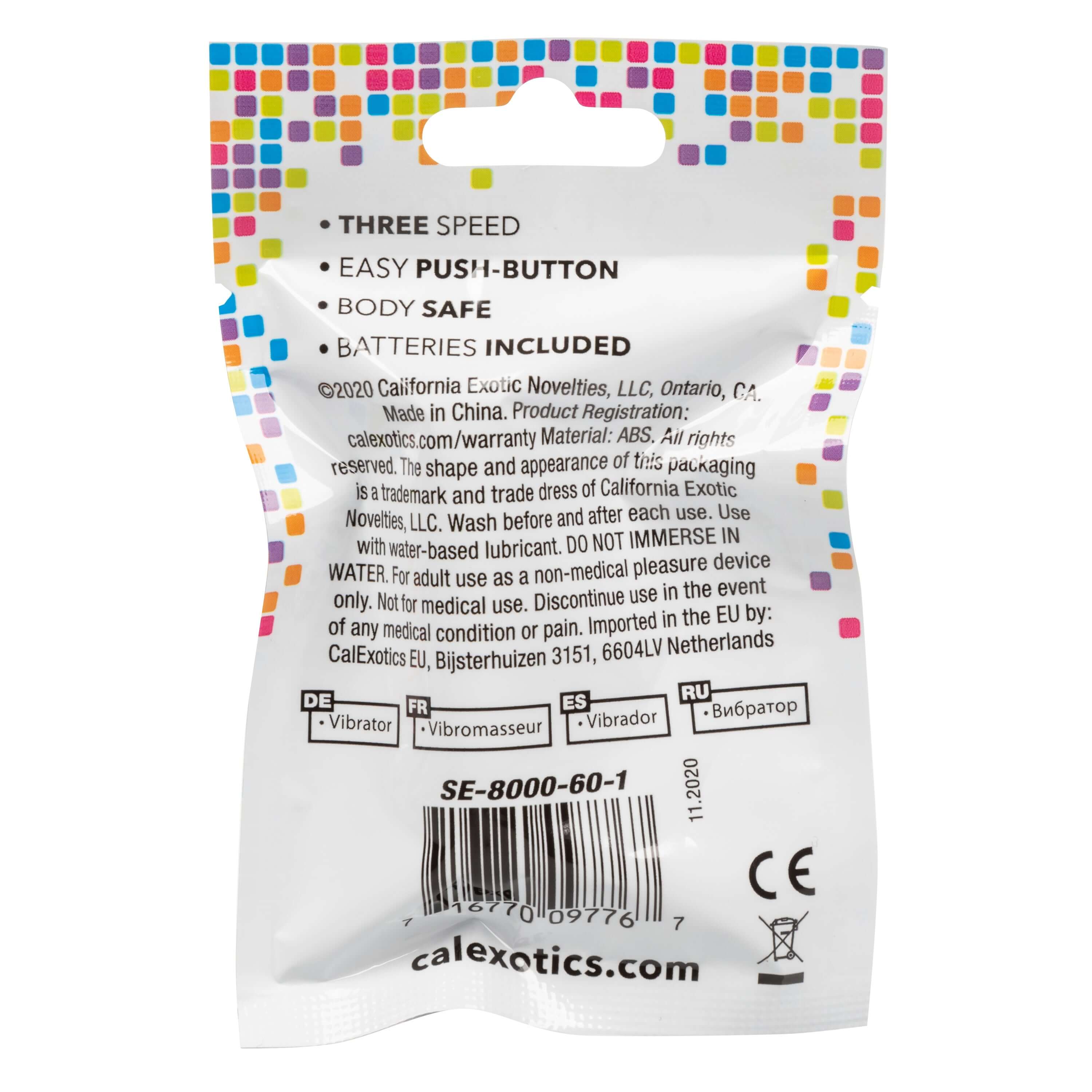Foil Pack 3-Speed Bullet Vibrator Purple package back with user instructions and product details.