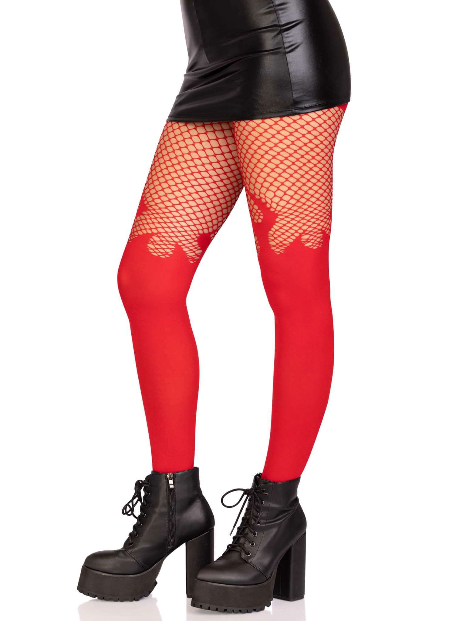 Red opaque flame fishnet tights with intricate flame detail, paired with black boots and skirt, perfect for a fashionable look.