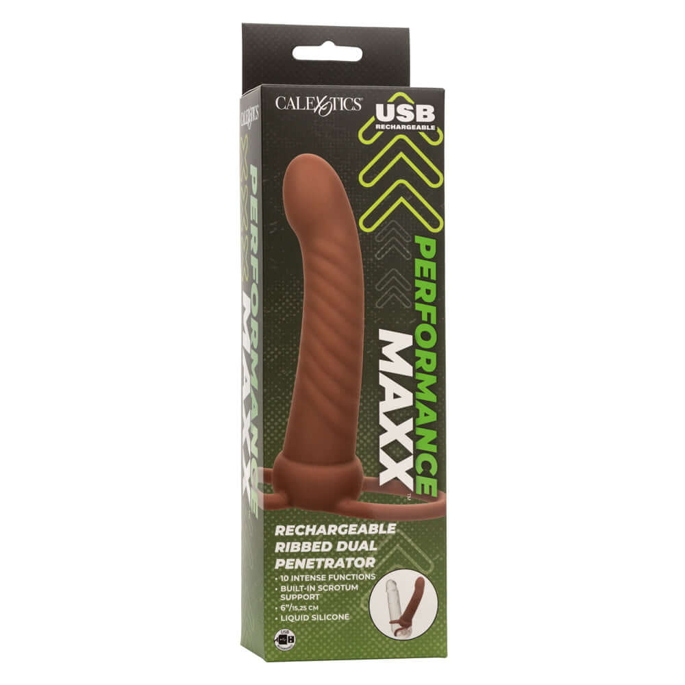 Performance Maxx Rechargeable Ribbed Dual Penetrator in packaging, brown color, USB rechargeable, 10 functions, liquid silicone.