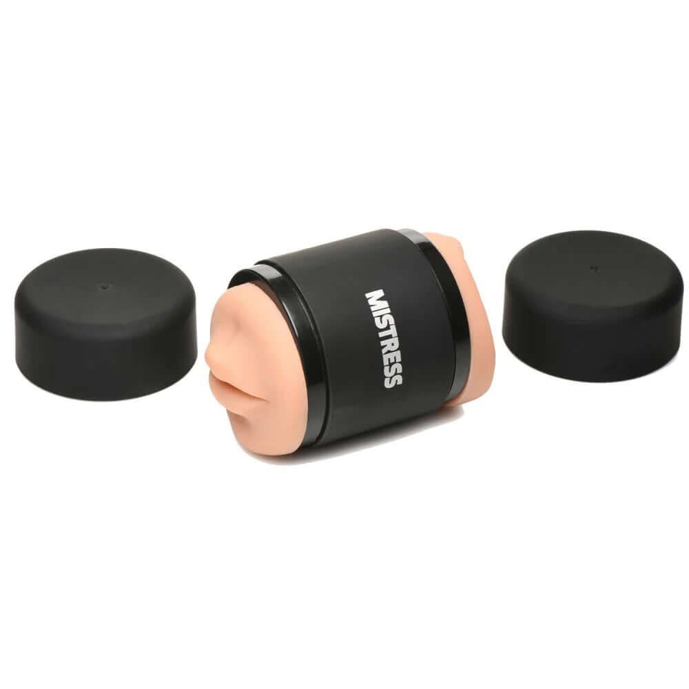 Mistress Double Shot Mouth and Pussy Stroker with black caps, featuring realistic mouth design for solo and partner pleasure.