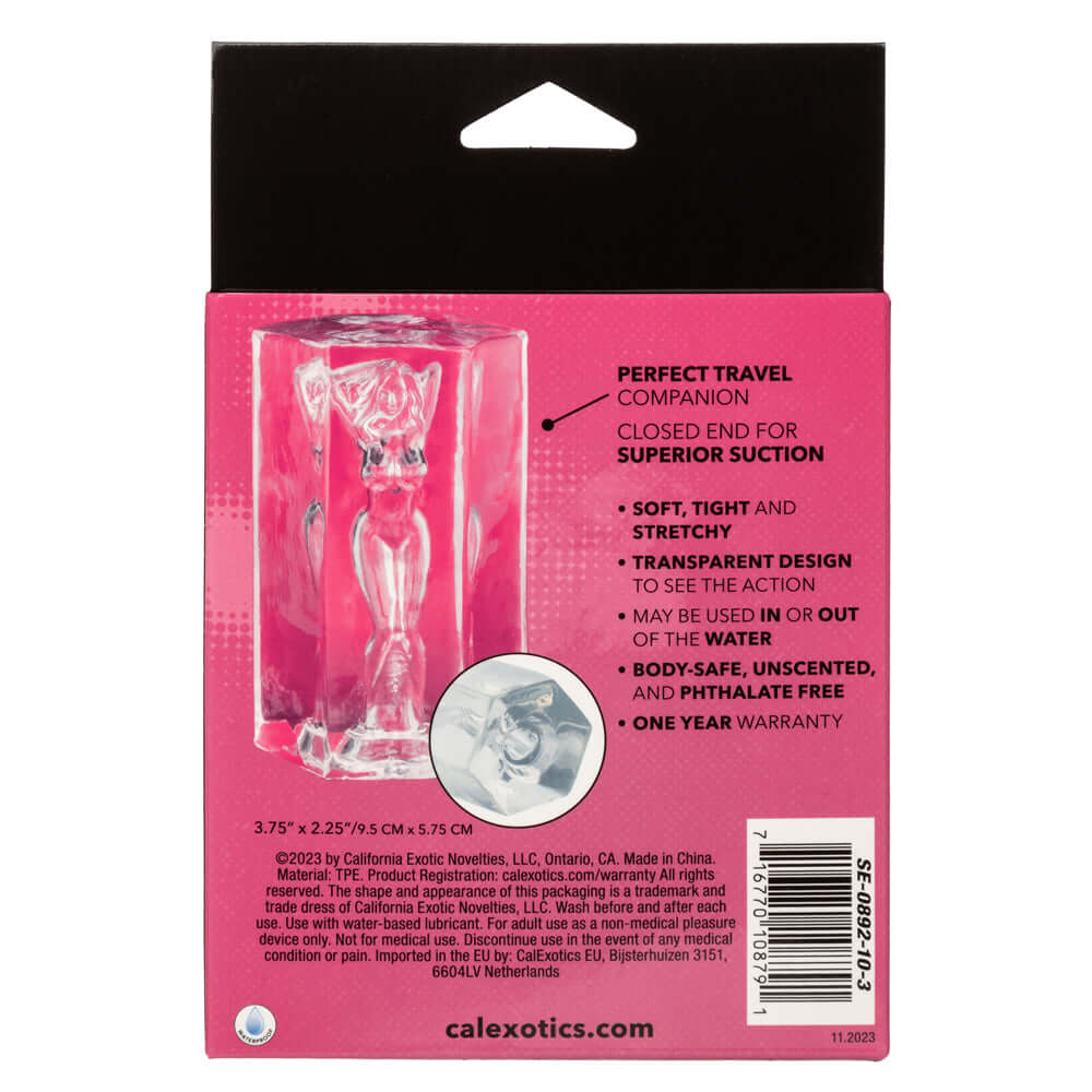 Packaging of Girls Girls Girls Farrah Masturbator in clear, showcasing features like soft, tight, stretchy material and body-safe design.