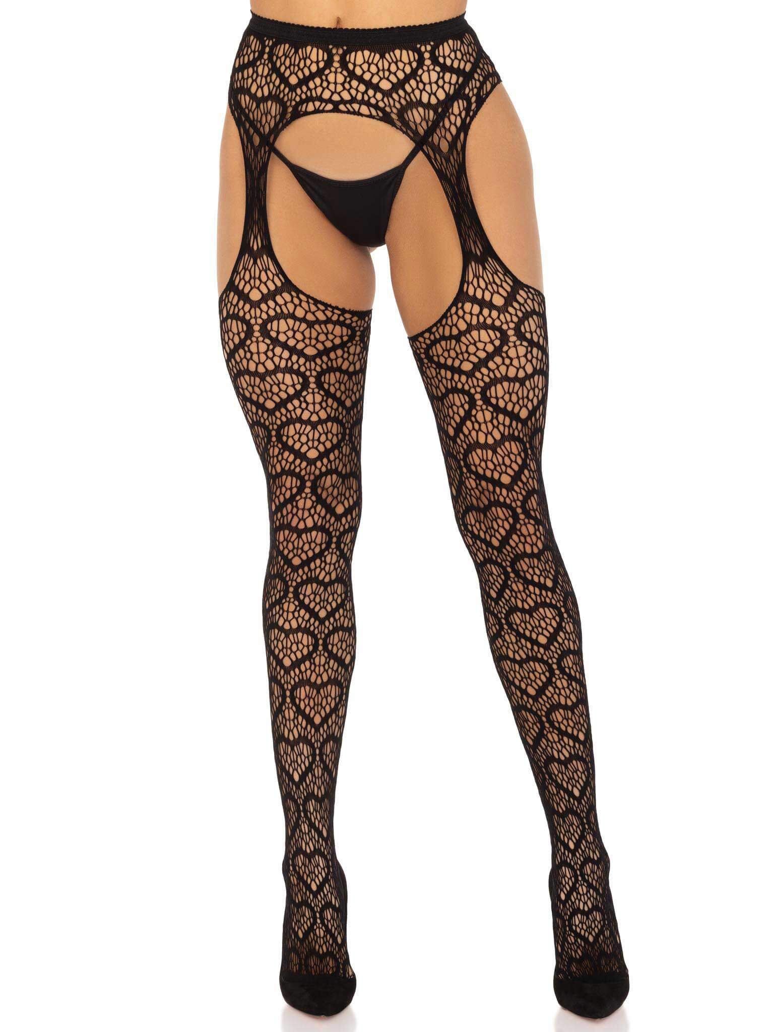 Heart Net Suspender Pantyhose - One Size - Black-1