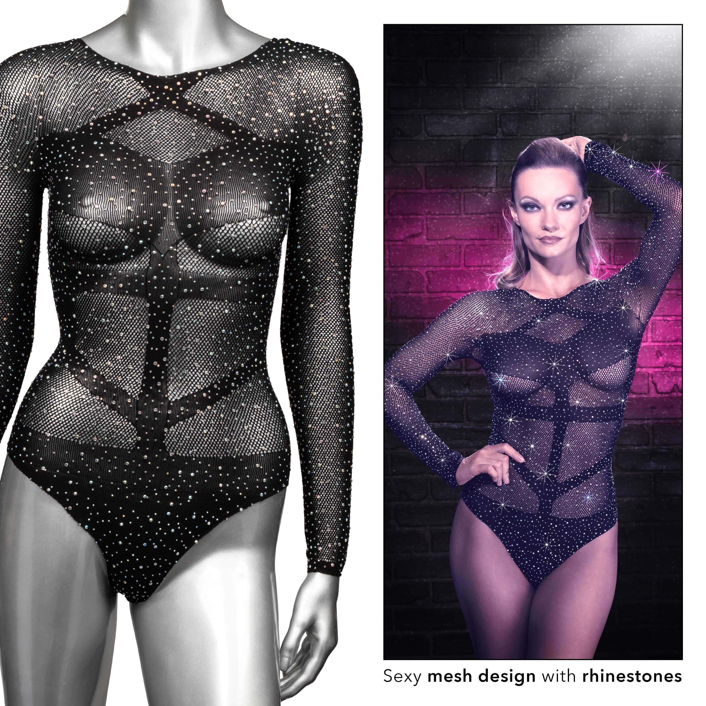 Radiance Long Sleeve Body Suit One Size Black featuring sexy mesh design with rhinestones.