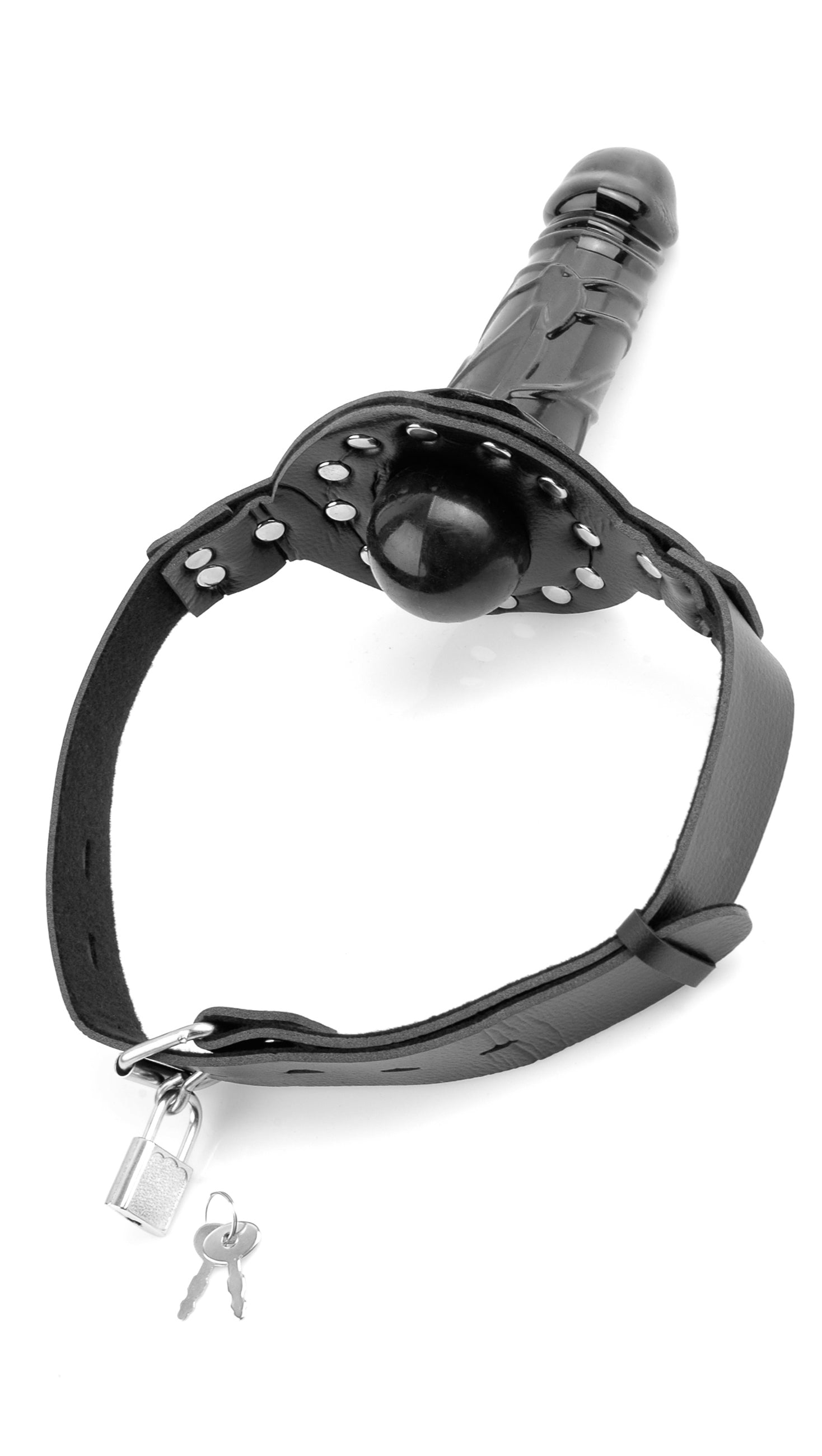 Fetish Fantasy Deluxe Ball Gag with realistic black dong, leather harness, and lock and key set on a white background.