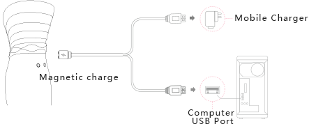 Charging instructions for ZALO Queen G-spot PulseWave Vibrator showing connection to mobile charger and computer USB port