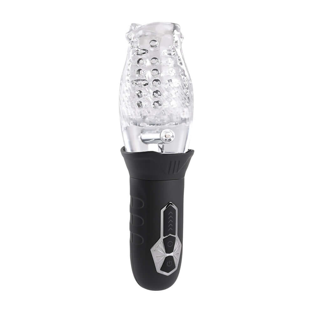 Cyclone Rotating Stroker with clear sleeve and black base for customizable pleasure with spinning vibrations and realistic feel