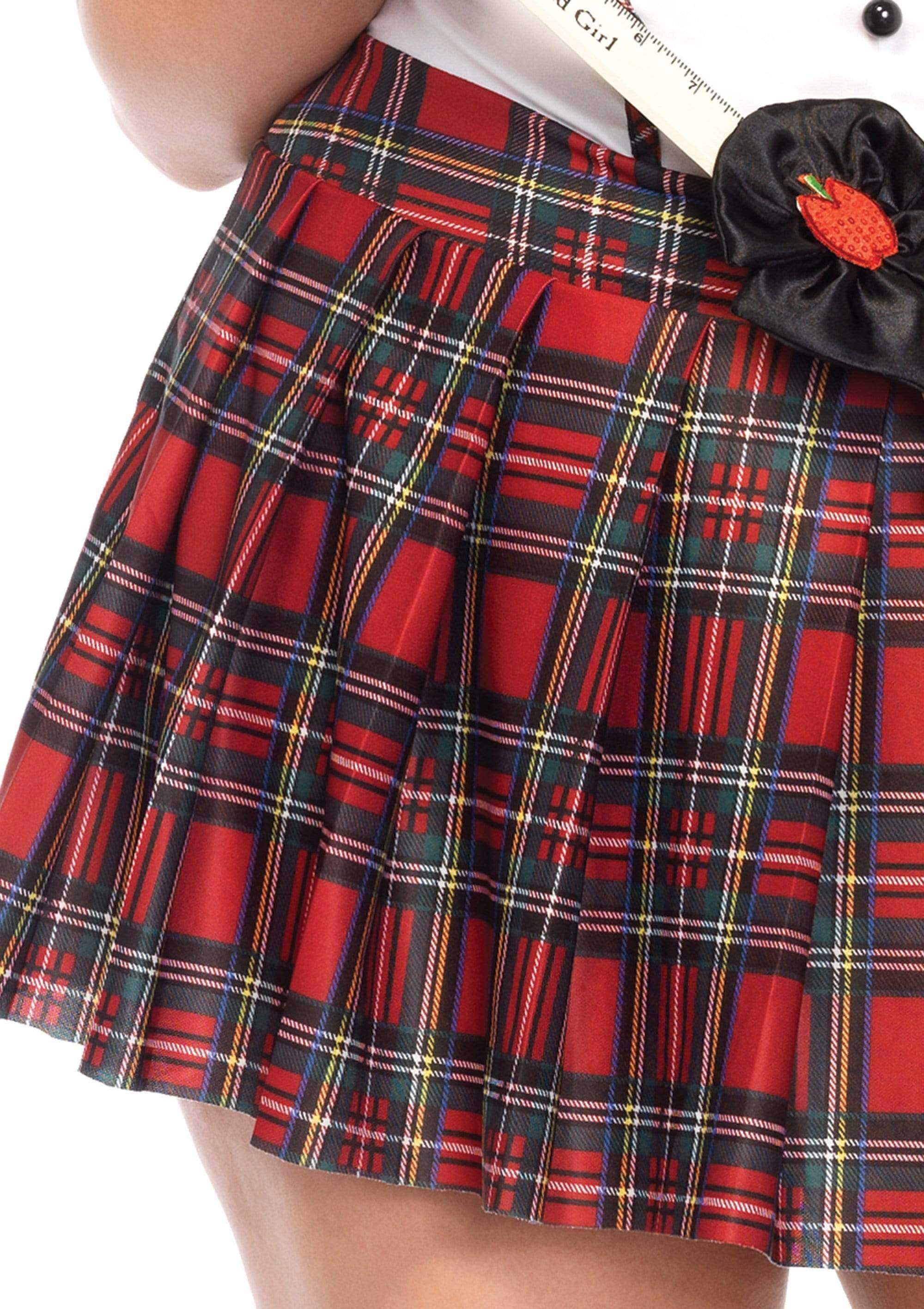 Close-up of red plaid pleated skirt from plus size schoolgirl costume.