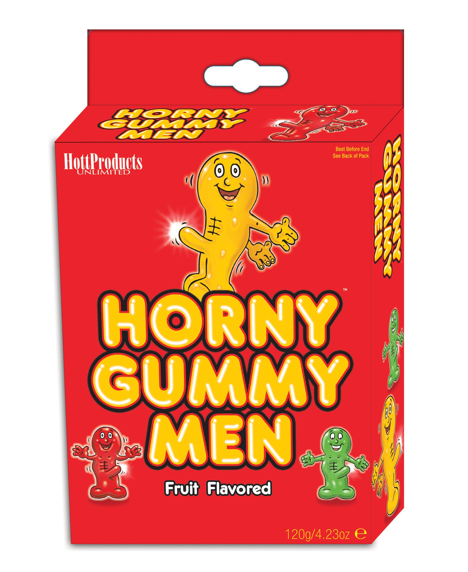 Horny Gummy Men 4.23 Oz novelty candy package featuring fruit flavored gummy figures in bright colors.