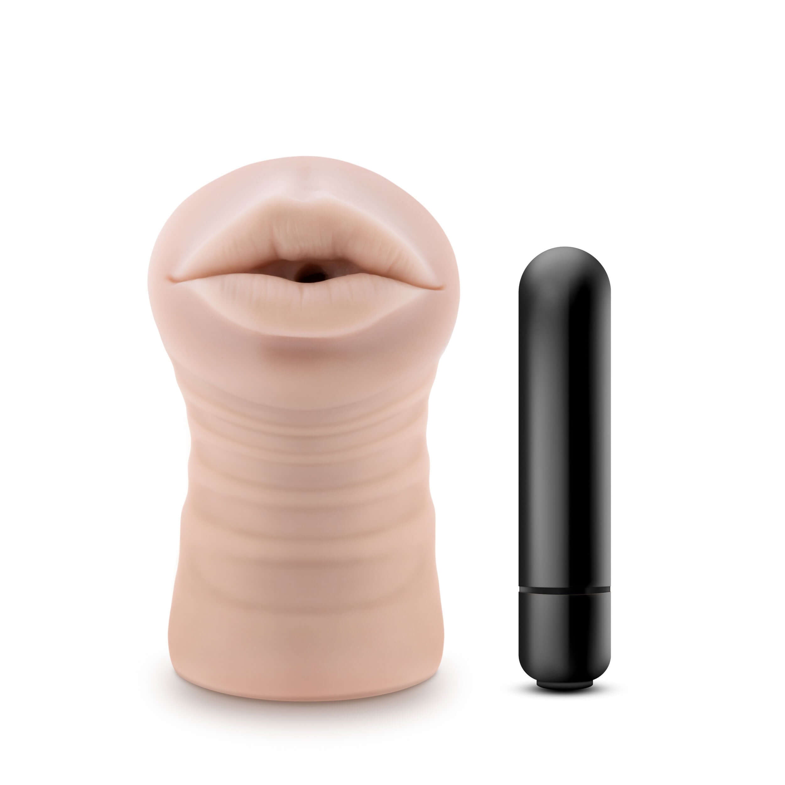 Enlust Nicole vibrating stroker in beige with a black bullet vibrator, designed for ultimate pleasure and satisfaction.