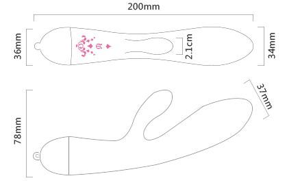 Diagram showing dimensions of ZALO Rosalie Rabbit Vibrator with 200mm length, dual motors, and ergonomic design.