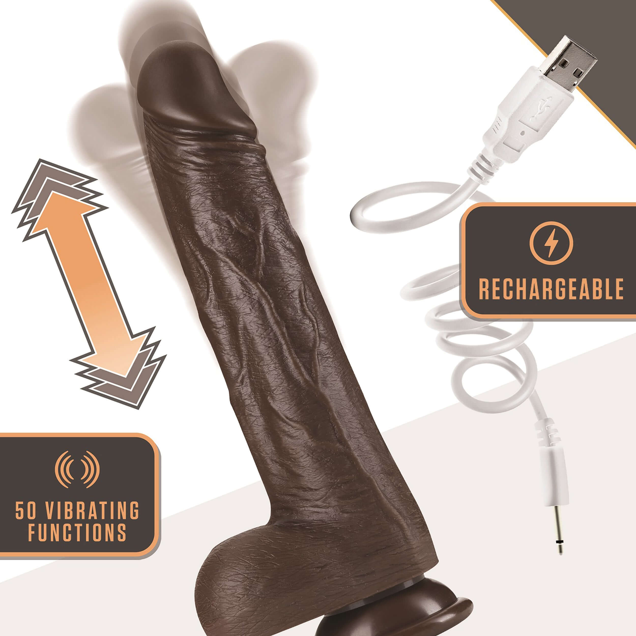 Dr. Skin Silicone 8 Inch Thrusting Dildo Chocolate with 50 Vibrating Functions and Rechargeable USB Cable