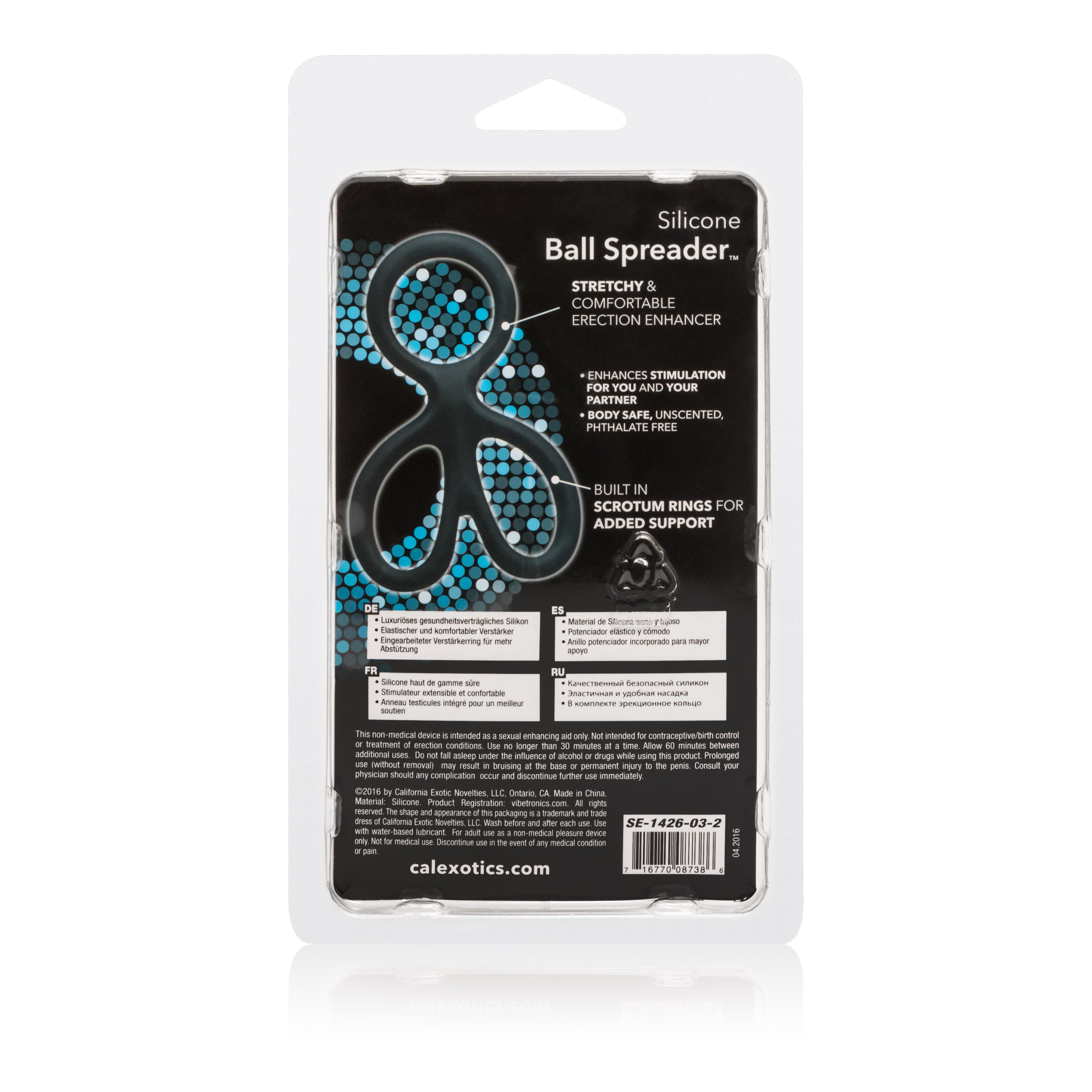 Silicone Ball Spreader Cock Ring Black packaging showing product features and details.