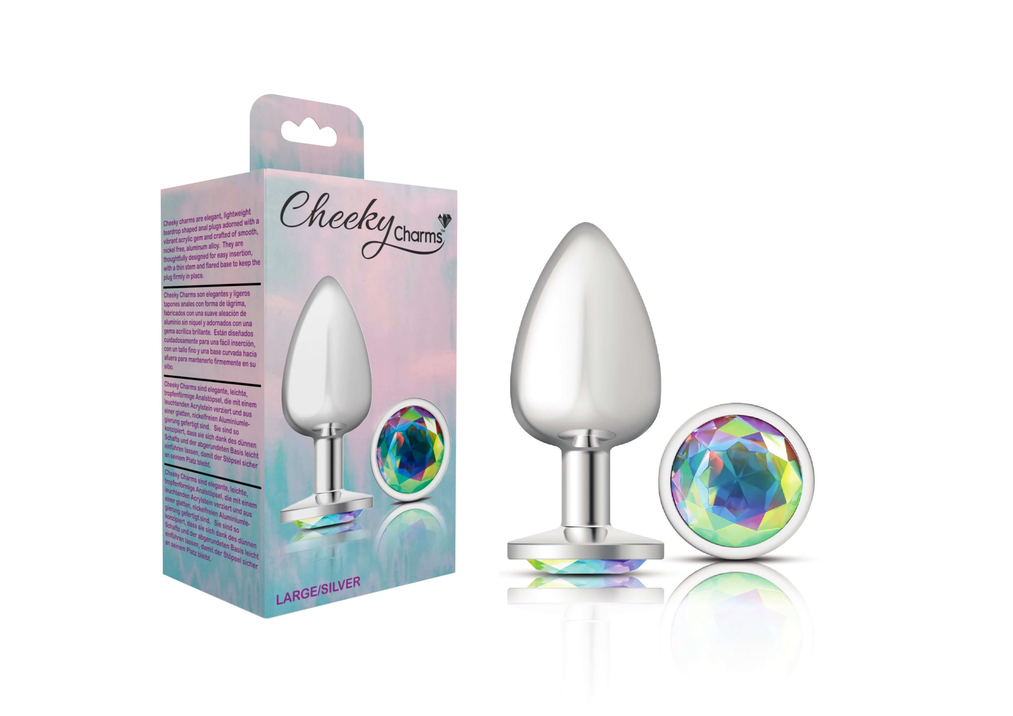 Cheeky Charms - Silver Metal Butt Plug - Round - Clear - Large