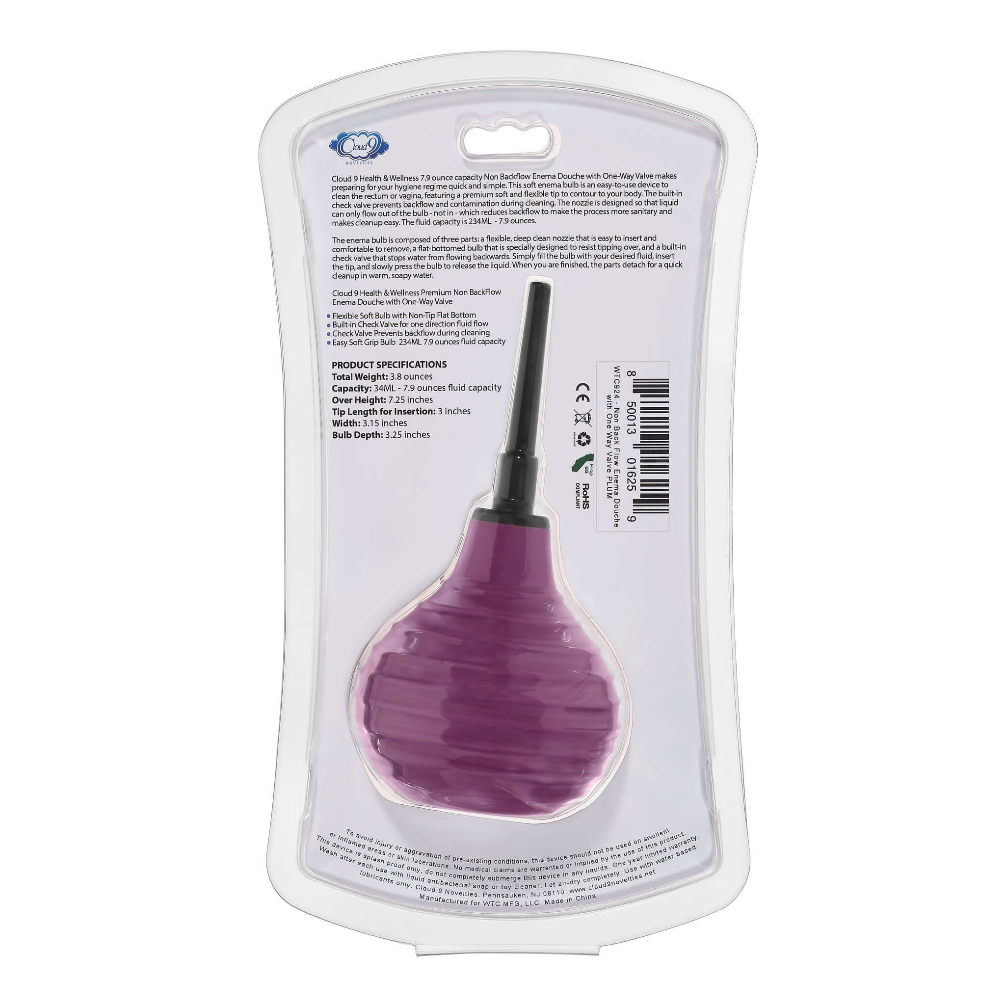 Health and Wellness Deluxe Enema Douche Non- Backflow One-Way Valve -  7.9 Fl. Oz. - Plum