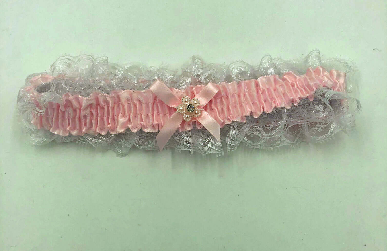 Satin Leg Garter - One Size - Baby Pink With White Lace