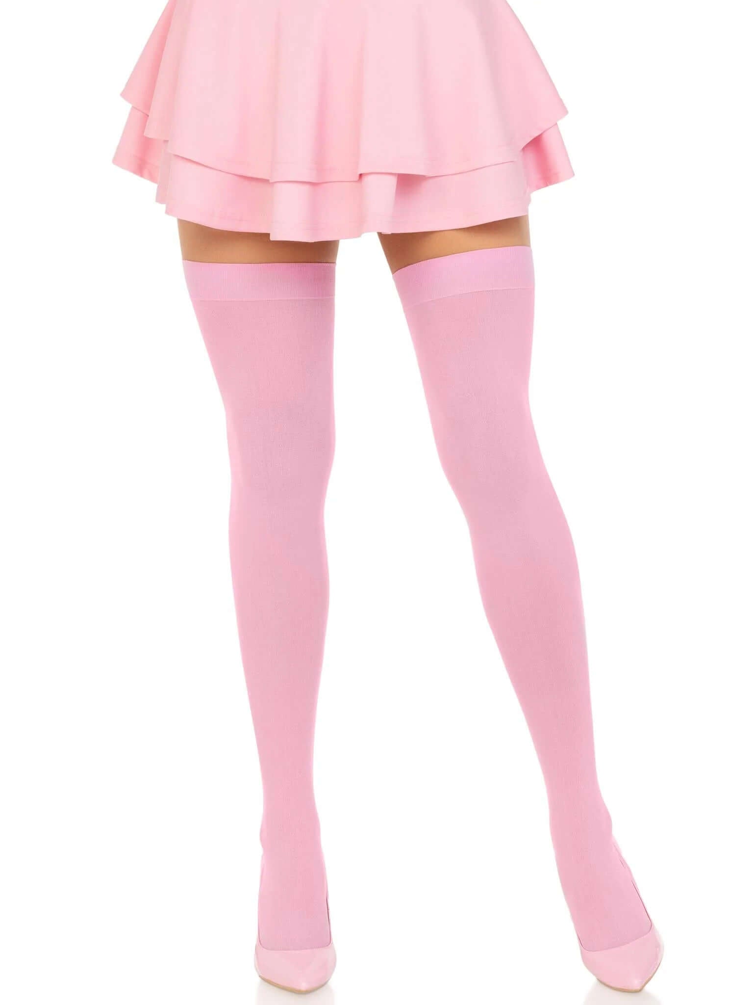 Pink opaque nylon thigh high stockings by Leg Avenue, one size, paired with a matching pink skirt.
