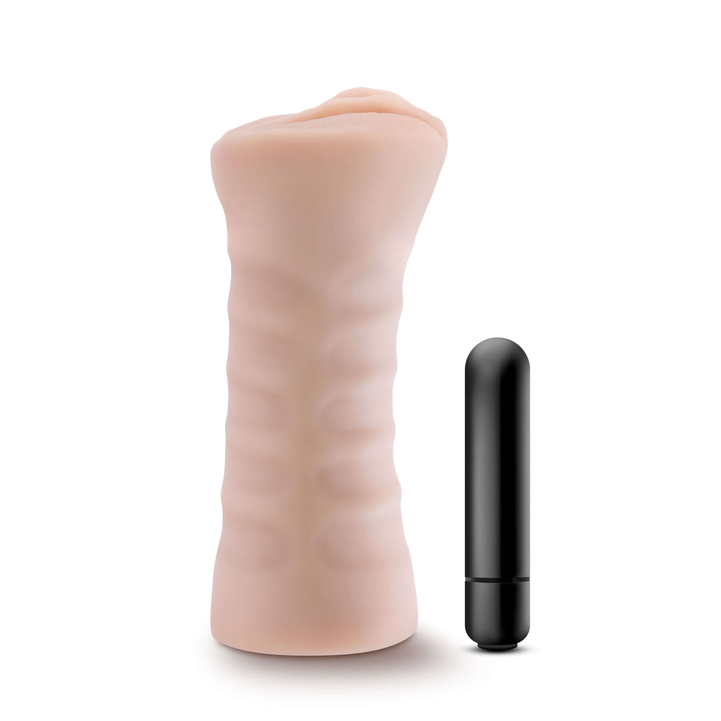 Enlust Ayumi vibrating stroker in beige next to a black bullet vibrator, showcasing luxurious design and pleasure features.
