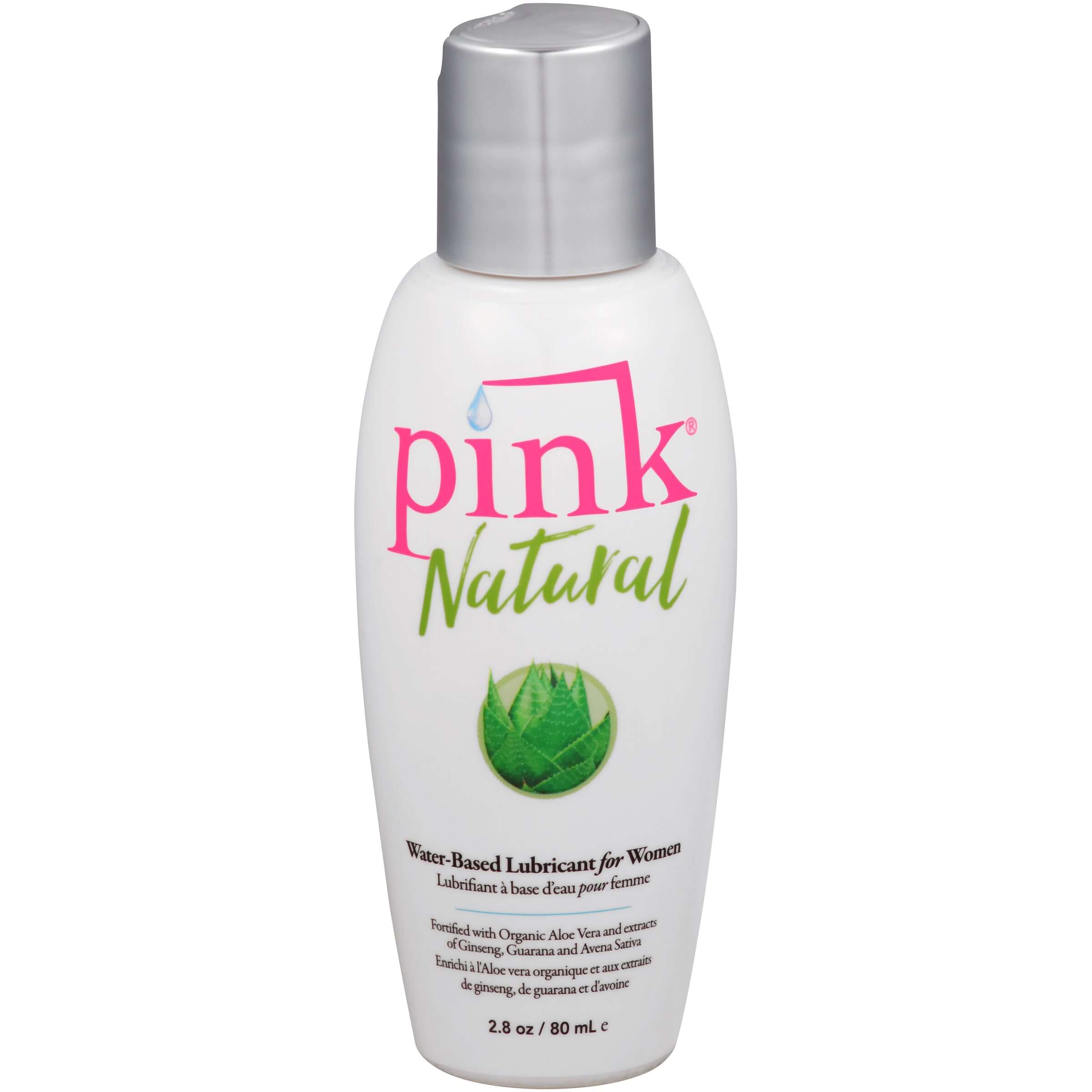 Pink Natural Water-based Lubricant for Women 2.8 Oz bottle with aloe vera leaf graphics for a natural feel.