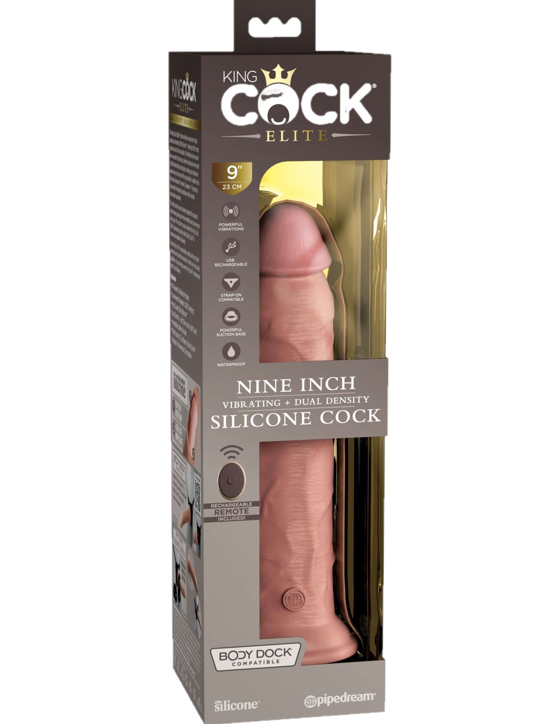 King Cock Elite 9 Inch Vibrating Silicone Dual  Density Cock With Remote - Light-7