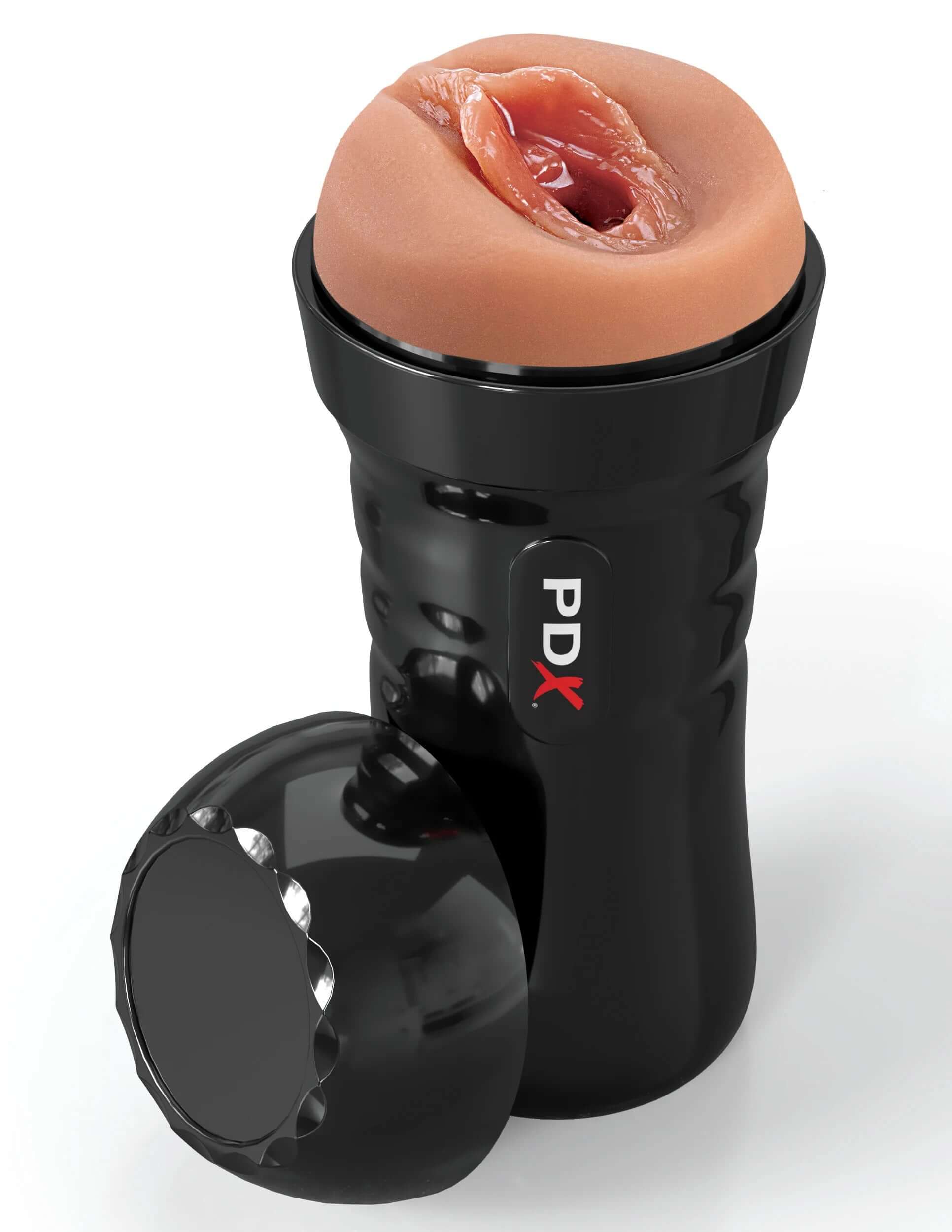 Wet Pussies Super Juicy Snatch Self-Lubricating Stroker in brown with a black outer casing and cap