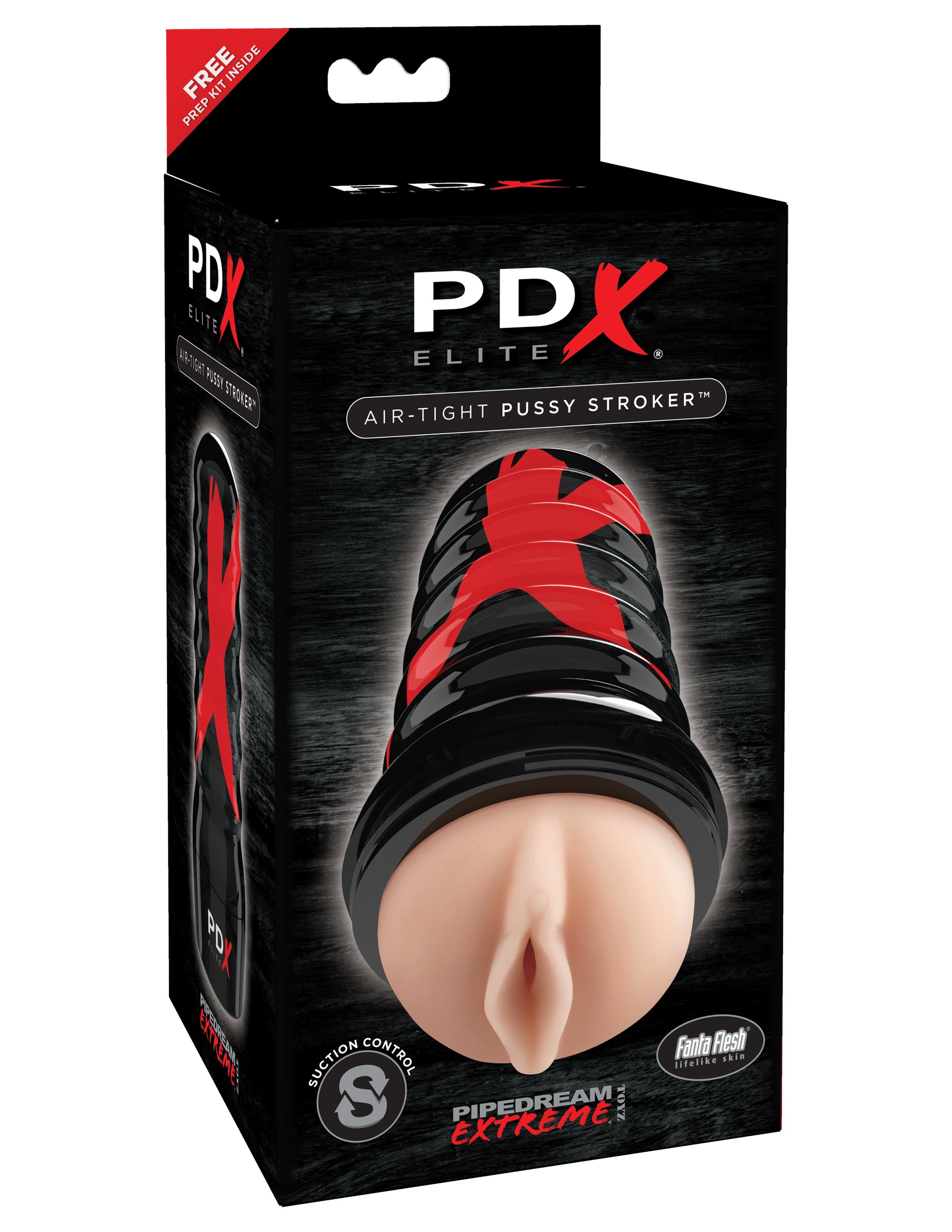 PDX Elite Air-Tight Pussy Stroker packaging showcasing lifelike design and suction control features.