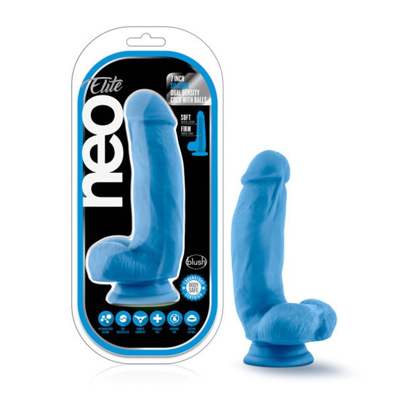 Neo Elite - 7 Inch Silicone Dual Density Cock  With Balls - Neon Blue