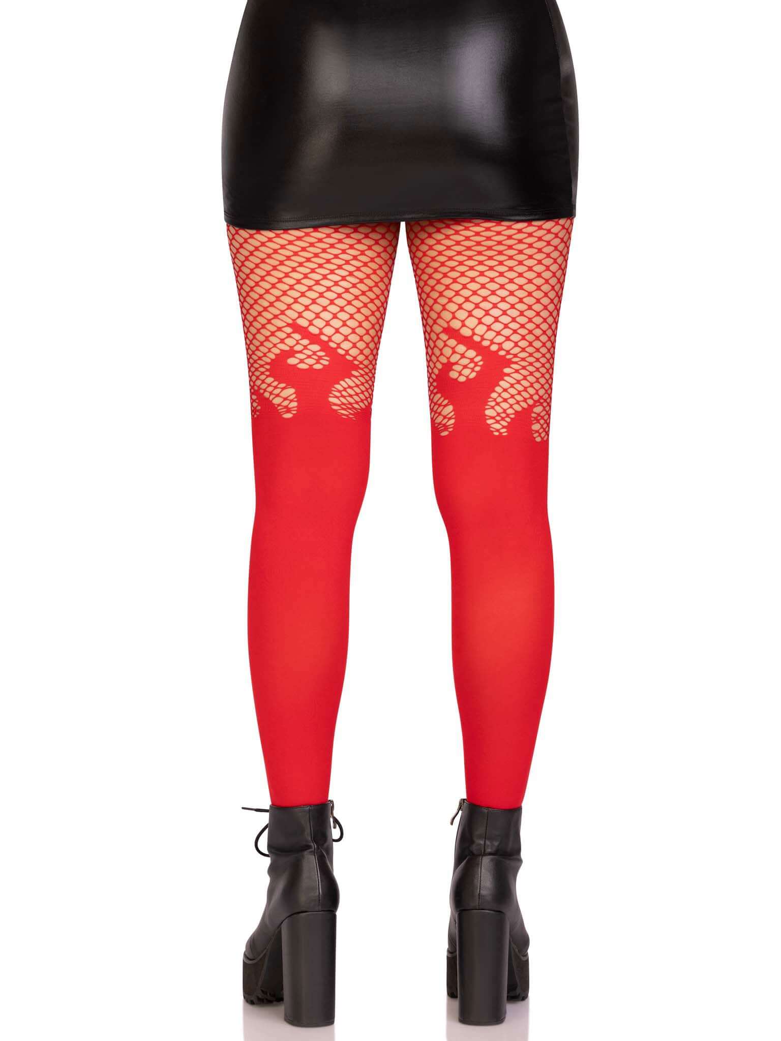 Red opaque tights with fishnet top and flame detailing worn with black skirt and shoes, perfect for stylish outfits.