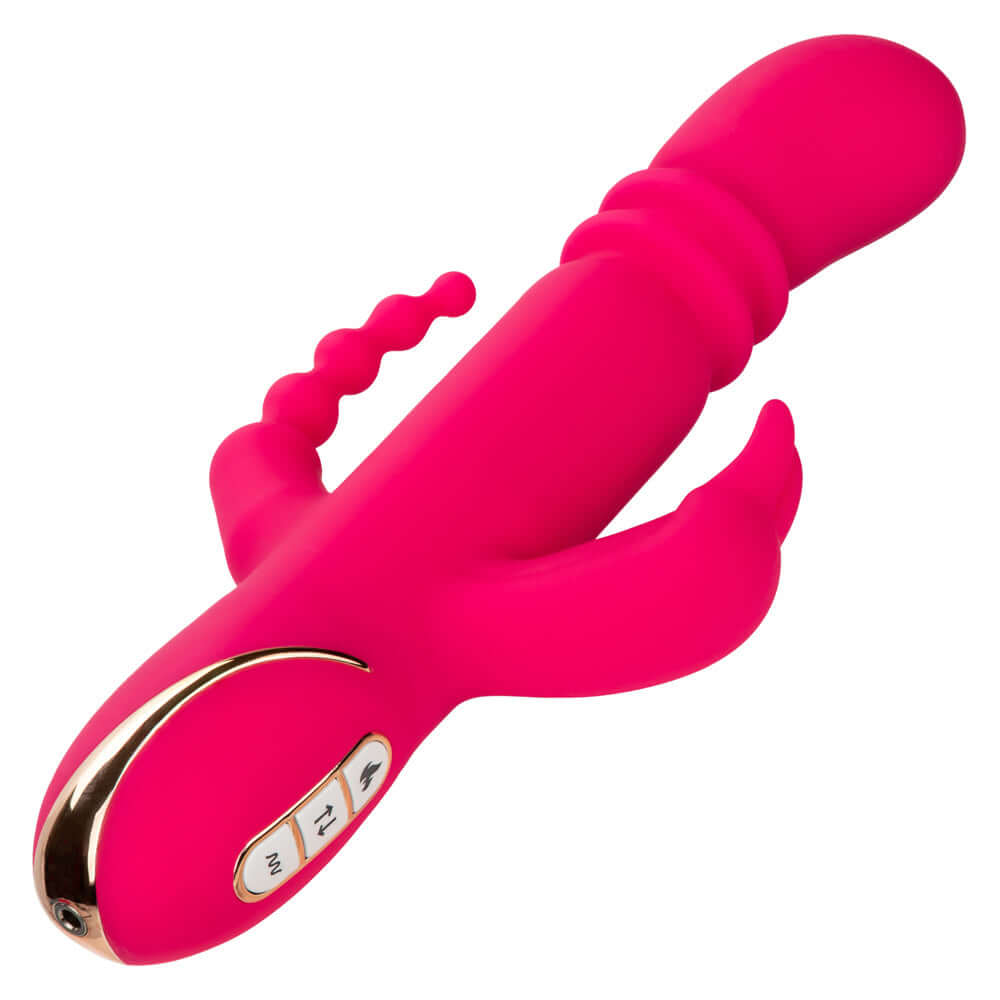 Jack Rabbit Signature Heated Silicone Triple Fantasy Rabbit in Pink with thrusting shaft and vibration controls.
