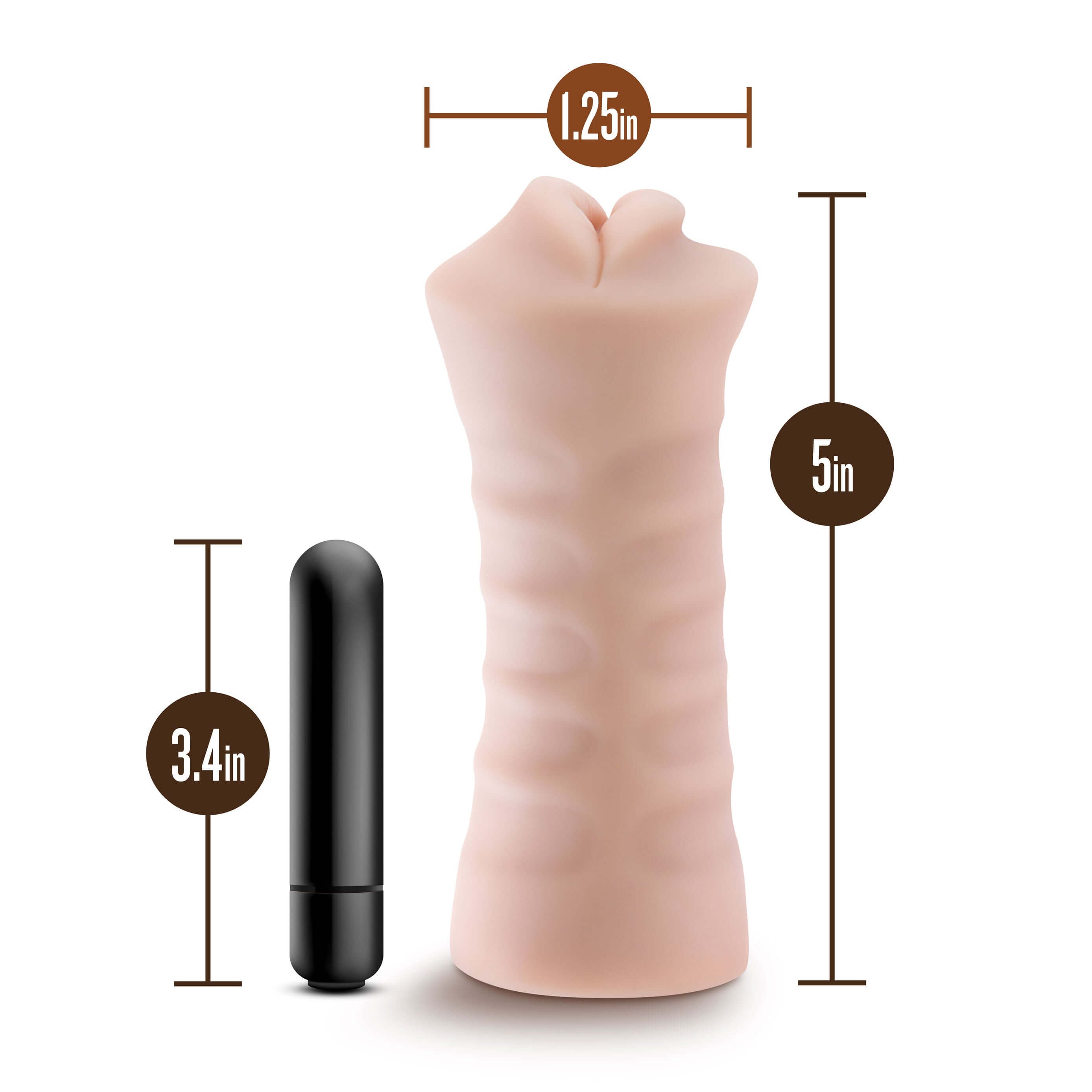 Enlust Nicole vibrating stroker in beige, measuring 5 inches tall and 1.25 inches wide, with a black vibrator for enhanced pleasure.