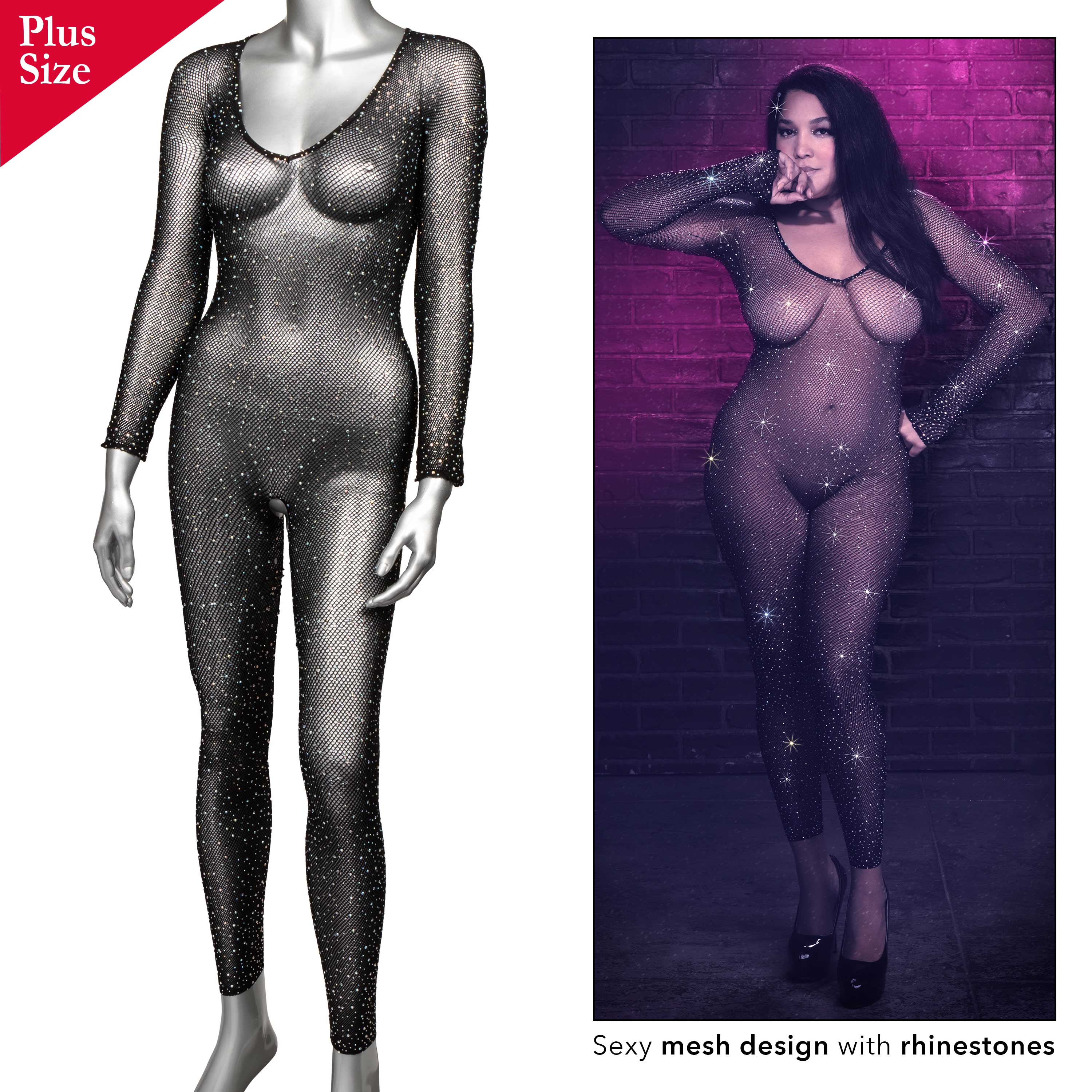Radiance Crotchless Full Body Suit - Queen - Black-3