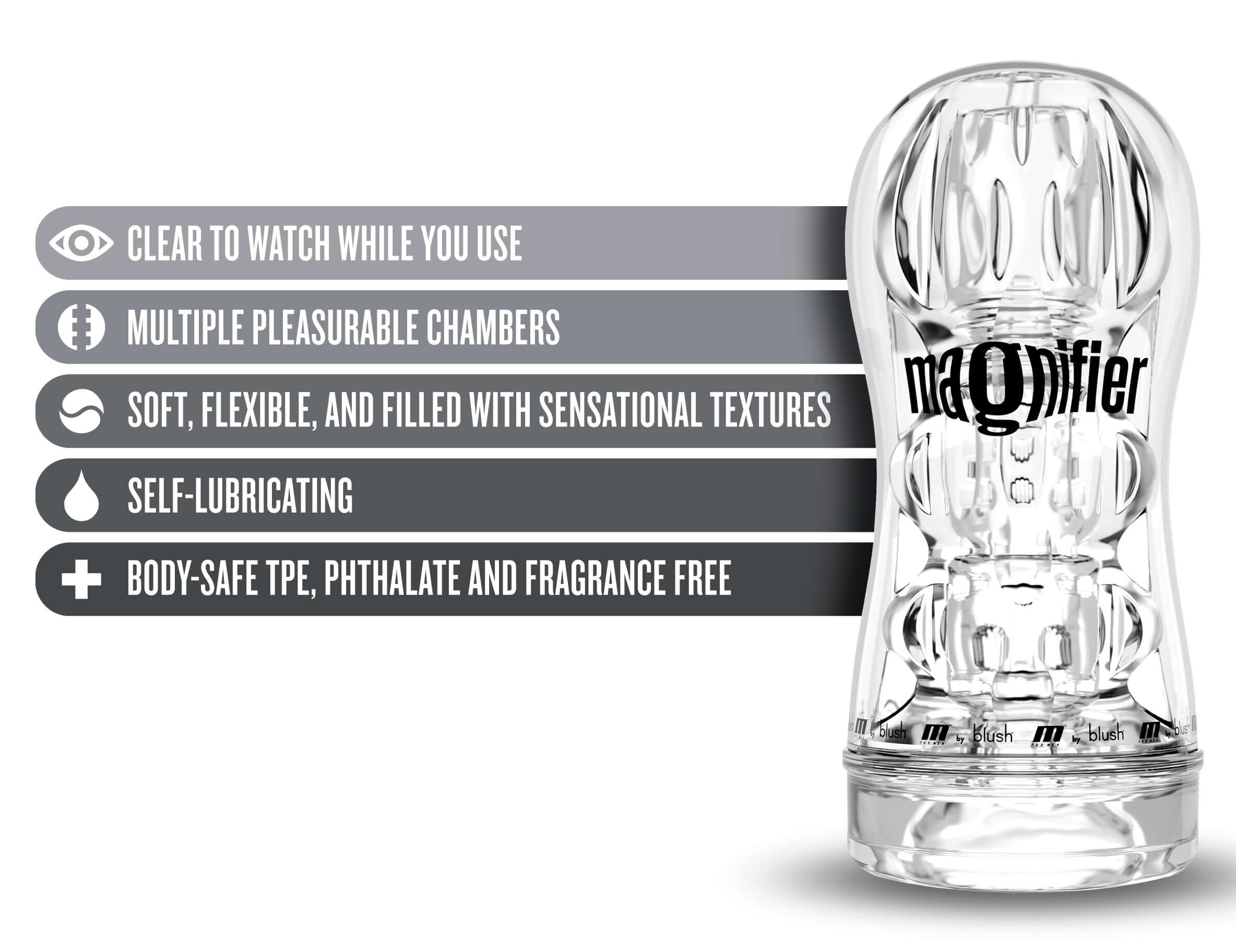 M for Men magnifier, clear pocket stroker with soft textures, self-lubricating, and body-safe materials.