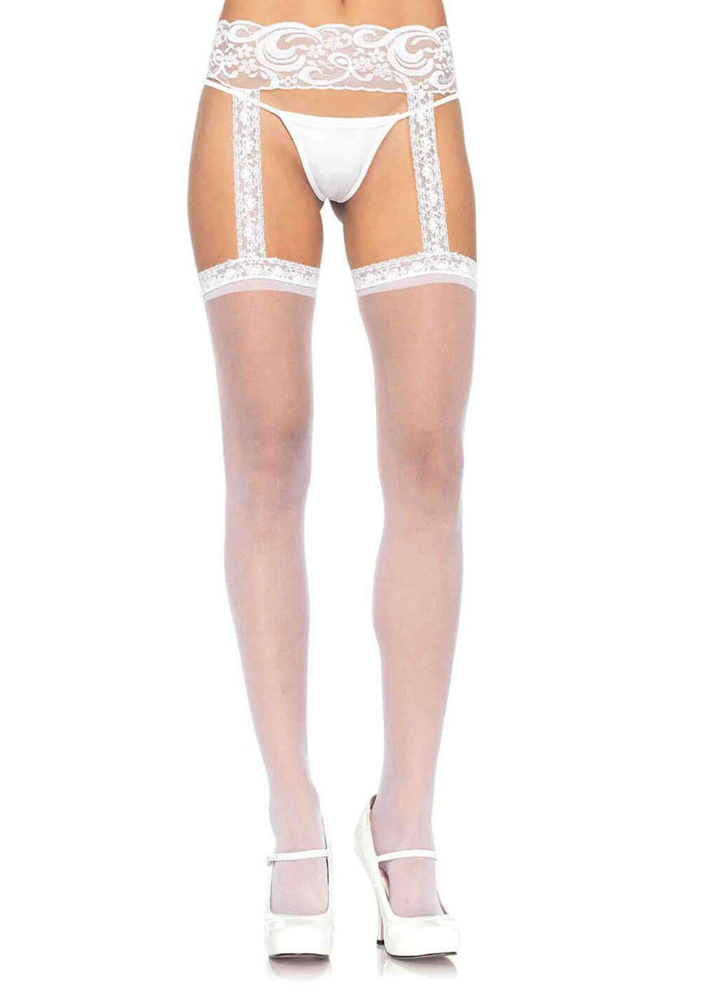 Sheer white thigh high stockings with lace top and attached lace garterbelt, shown on model, one size fits most, 90-160 lbs