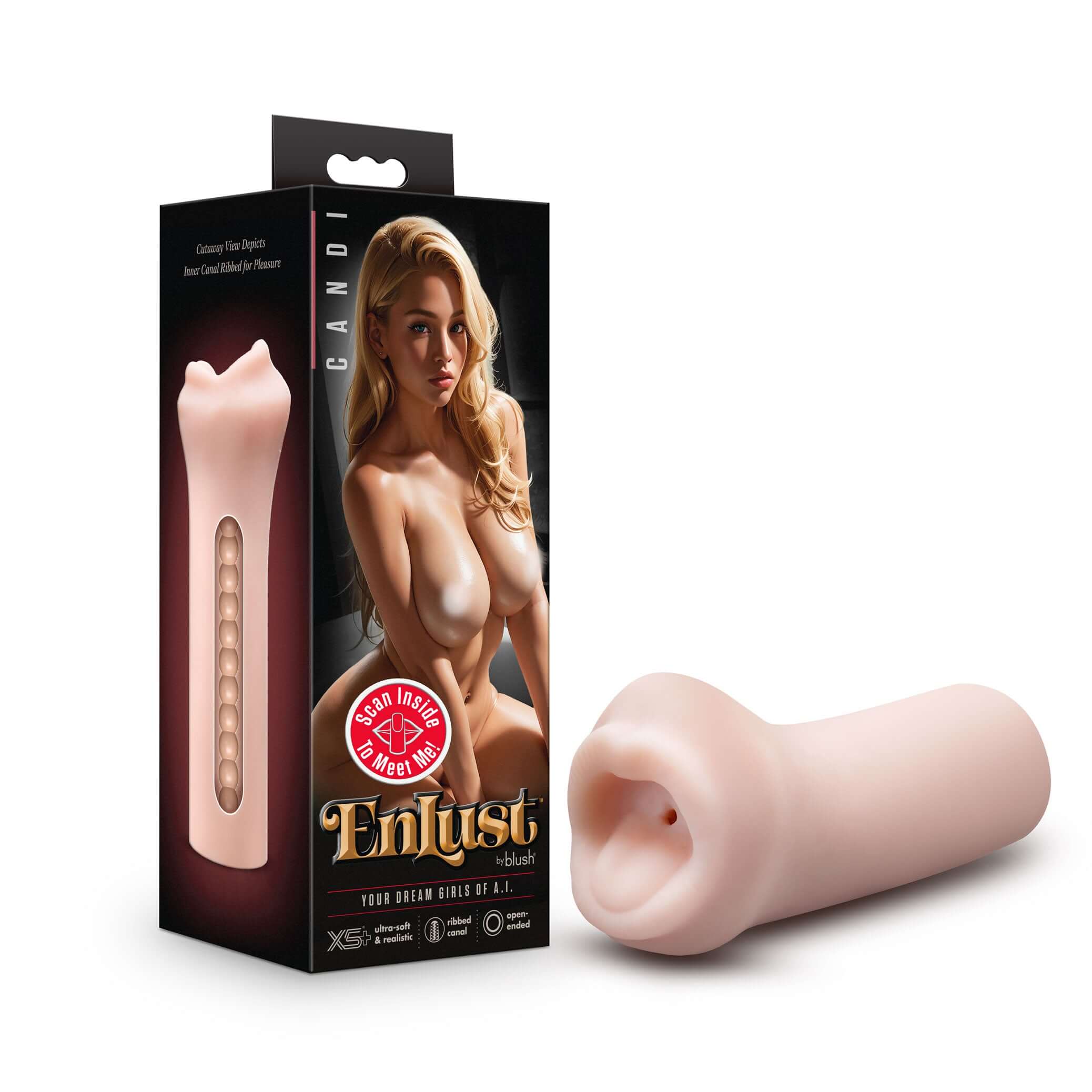 Enlust Candi beige male stroker with packaging, crafted from ultra-soft X5 Plus material for ultimate pleasure.