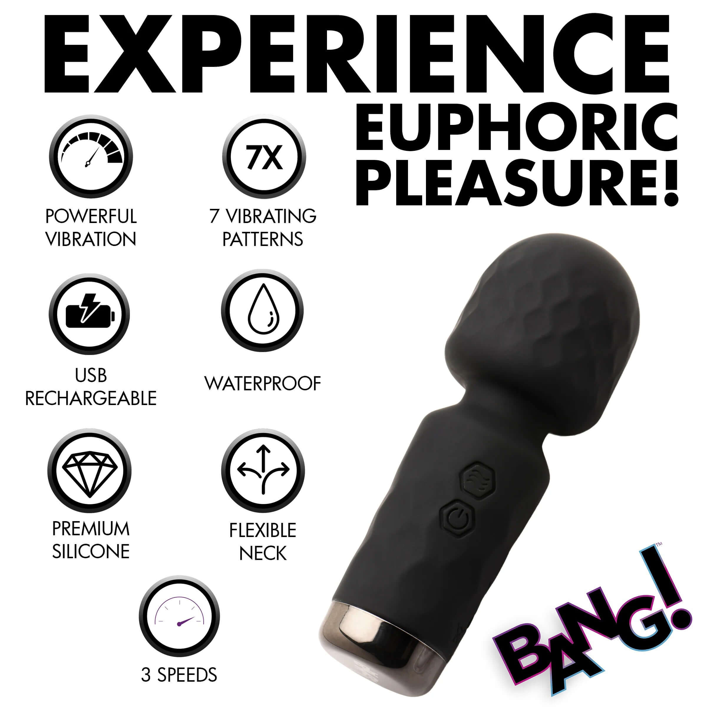 Black mini silicone wand with powerful vibration, 7 patterns, USB rechargeable, waterproof, flexible neck, 3 speeds.