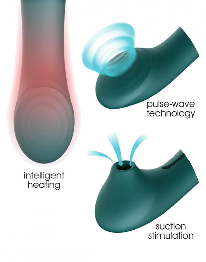 ZALO Queen G-spot PulseWave vibrator showcasing intelligent heating, pulse-wave technology, and suction stimulation features.